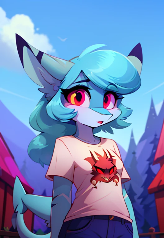 Vivziepop ,Demon blue Shark  ,Red pupils , wearing White shirt 