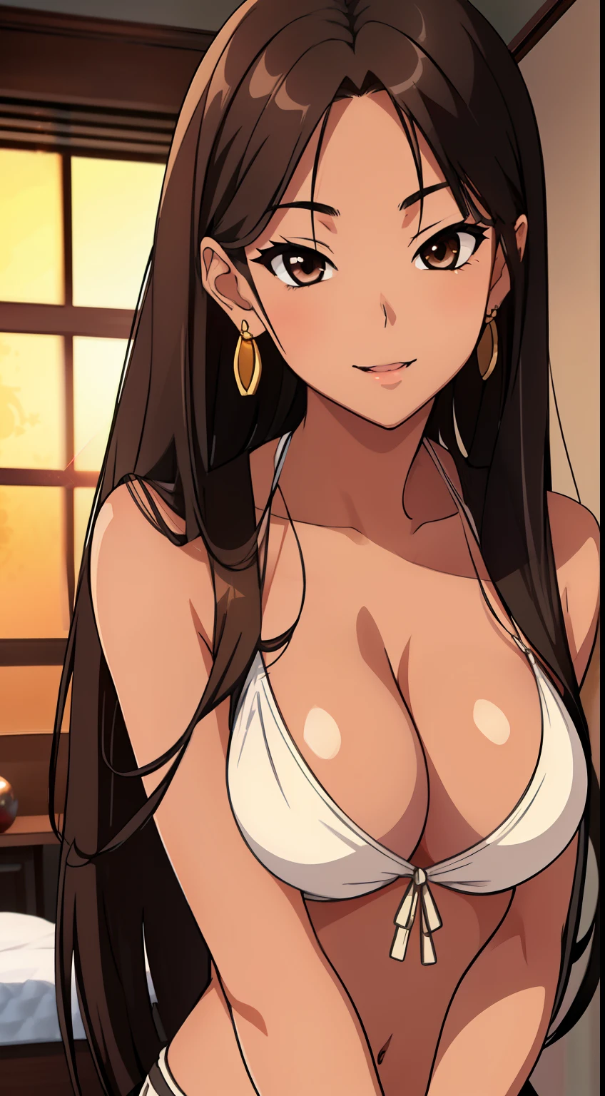 Asian young girl, straight hair, hair to chest, hair, brown eyes, masterpiece, best quality, high, attractive, masterpiece, showing cleavage, smiling, tanned, model, beautiful, beige bedroom backfround, cheek smile marks, tilting head, Taiwanese, only showing upper body and face from front, moody lighting, cute smile lines, glossy lips,((thick attractive lips)), dark room, dark tan skin, earrings, young girl, cleavage, (slim body) (small breasts)