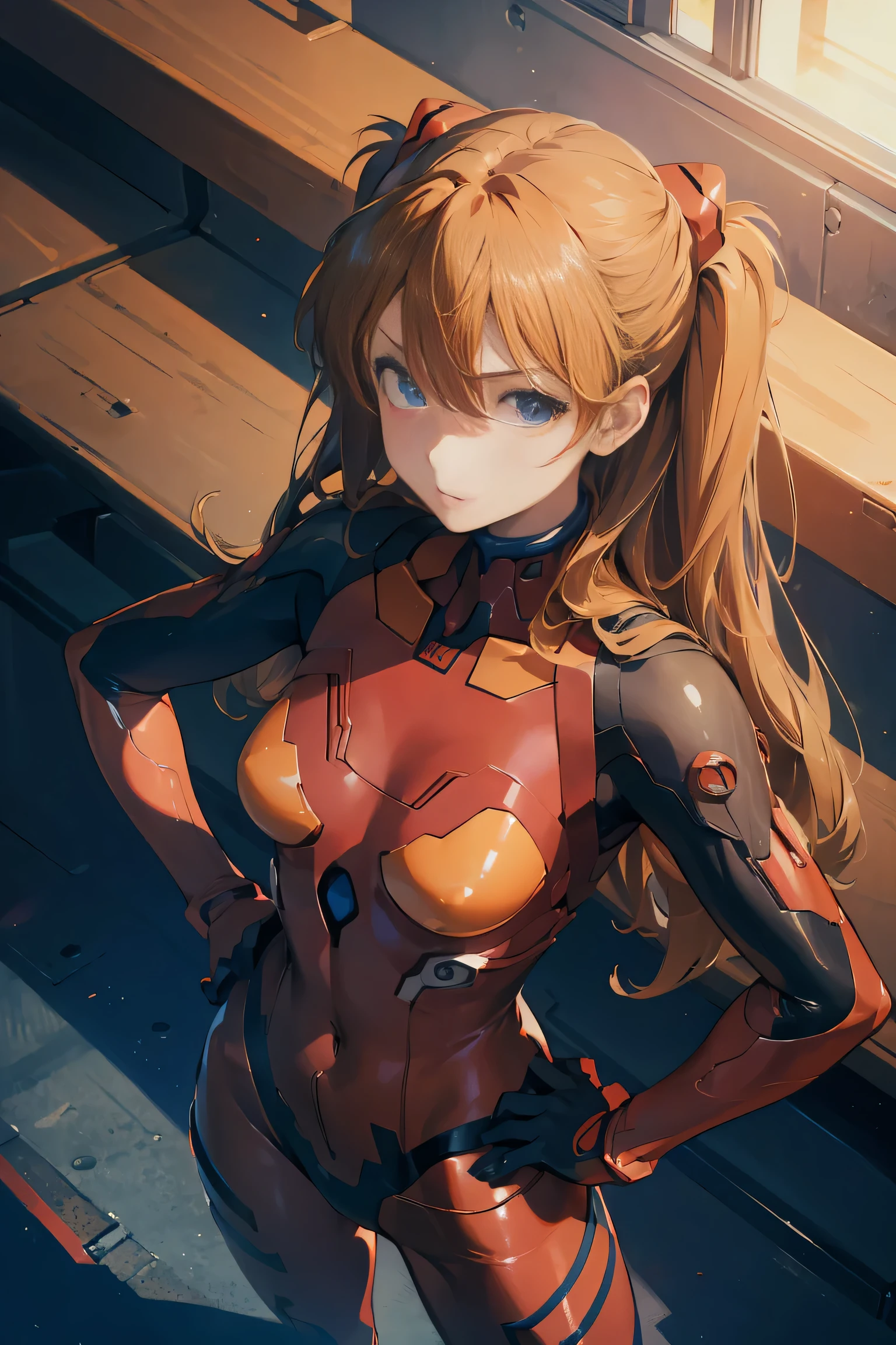 (masterpiece), highest quality, Expressive eyes, Perfect Face, One girl, alone, Soryu Asuka Langley, Interface Headset, Red bodysuit, Hands on hips, Are standing, Raise your hand, Directed towards the audience, Laboratory Background, Portraiture, Looking at the audience, From above