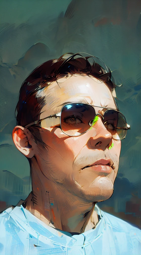 a nice guy portrait, in sunglases, standing in desert, clouds, cyberpunk, glam, post apocaliptic world, anime style