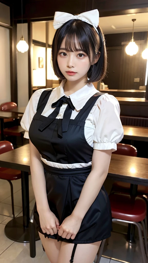 muste piece, best quality, illustration, Super detailed, fine details, High resolution, 8K,wall paper, perfect dynamic composition,(Details High quality, realistic depiction of eyes:1.3), waitress uniform, restaurant, large breasts, short bob hair、black hair color, Big Natural Color Lip, bold sexy pose, crying a little、cold gaze, Harajuku style、20 year old girl、cute type、ta、beautiful legs, gravure idol, Voluptuous thighs