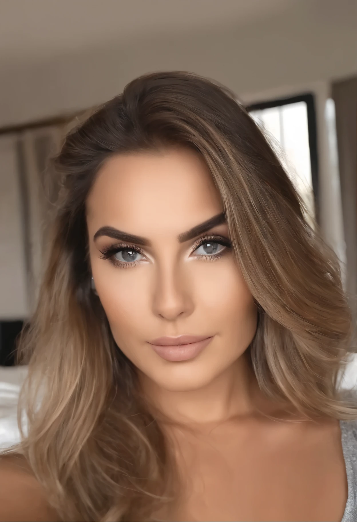 Linda mulher , Garota sexy com olhos castanhos, ""ultra realistic"", Meticulosamente detalhado, Retrato, cabelos castanhos claros e olhos grandes, selfie de uma jovem, olhos do quarto, Violeta Myers, sem maquiagem, Maquiagem natural, looking directly at the camera, cara com artgram, maquiagem sutil, impressionante foto de corpo inteiro ajoelhado na cama, no quarto, medium to large bust