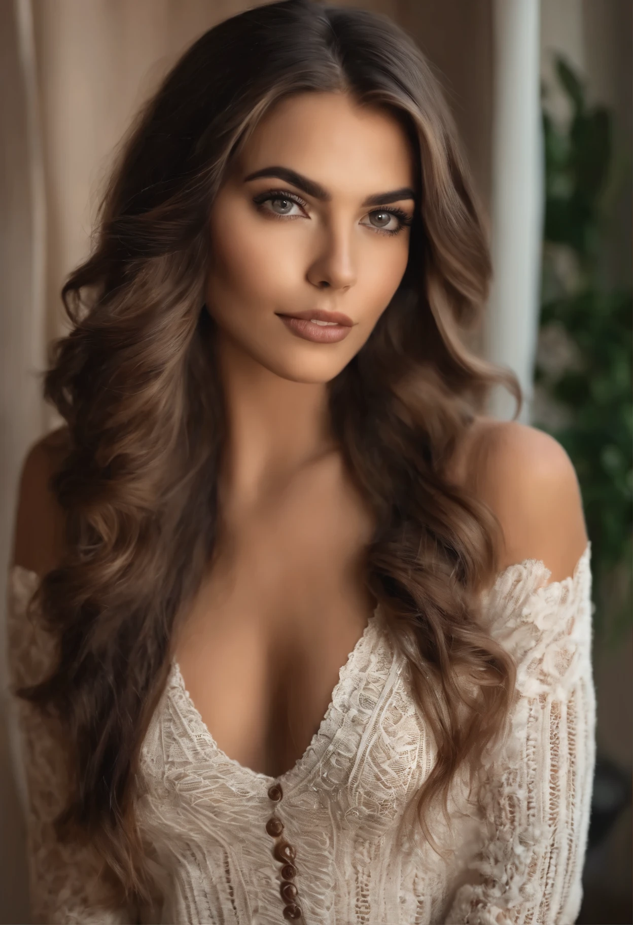 Linda mulher , Garota sexy com olhos castanhos, ""ultra realistic"", Meticulosamente detalhado, Retrato, cabelos castanhos claros e olhos grandes, selfie de uma jovem, olhos do quarto, Violeta Myers, sem maquiagem, Maquiagem natural, looking directly at the camera, cara com artgram, maquiagem sutil, impressionante foto de corpo inteiro ajoelhado na cama, no quarto, medium to large bust