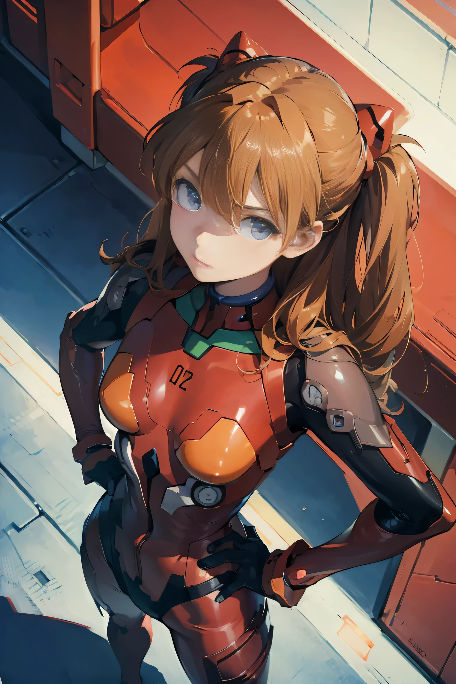 (masterpiece), highest quality, Expressive eyes, Perfect Face, One girl, alone, Soryu Asuka Langley, Interface Headset, Red bodysuit, Hands on hips, Are standing, Raise your hand, Directed towards the audience, Laboratory Background, Portraiture, Looking at the audience, From above