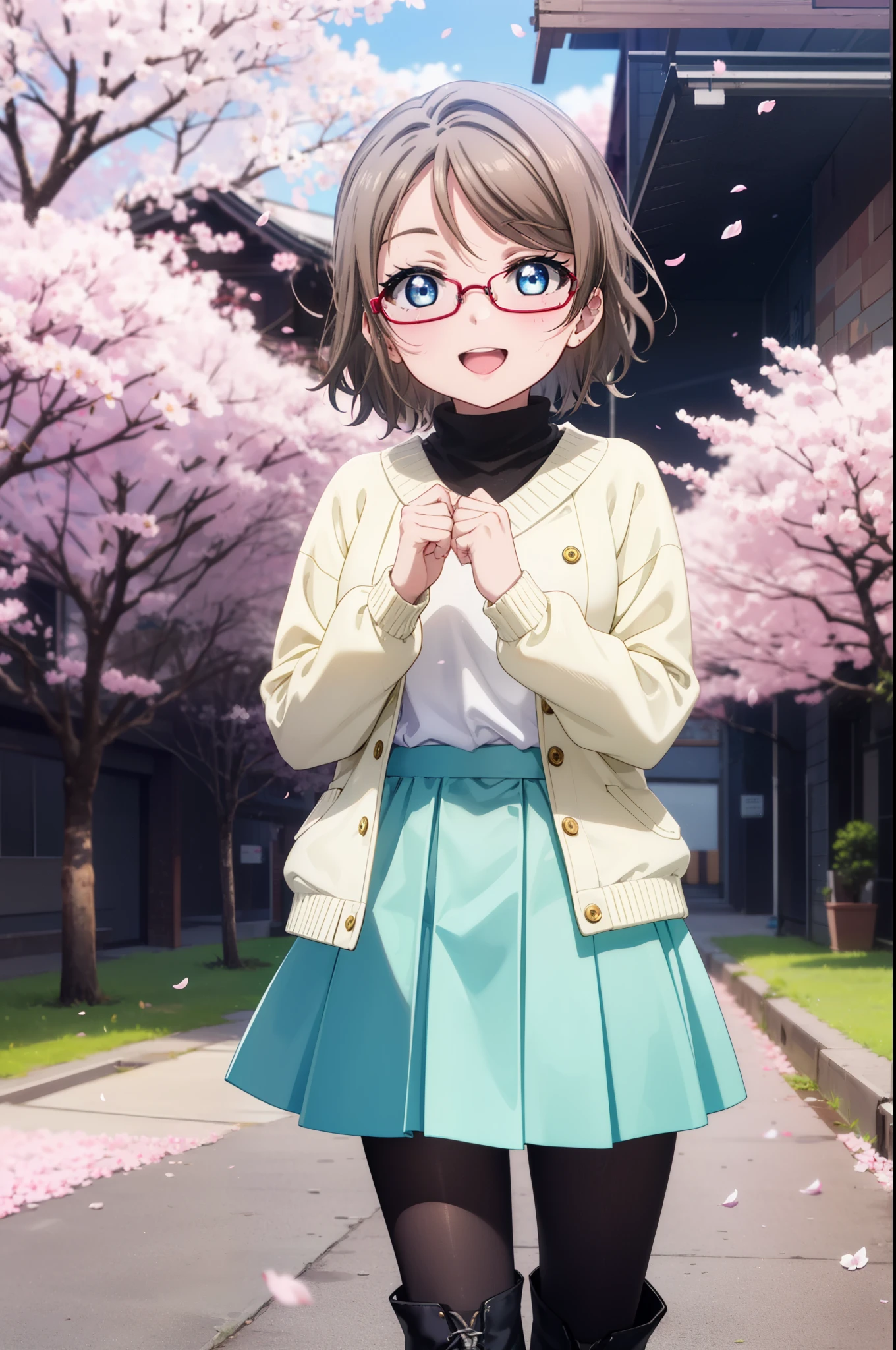 Yowatanabe, Watanabe Yo, short hair, blue eyes, brown hair, Black-rimmed glasses,Blue hair band,Turtleneck sweater,Long skirt,Black pantyhose,short boots,Cherry blossoms are blooming,Cherry blossoms are scattered,Cherry blossom tree-lined path,happy smile, smile, Open your mouth,whole bodyがイラストに入るように,walking,
break outdoors, garden,
break looking at viewer, whole body,(Cowboy Shot:1.5),
break (masterpiece:1.2), highest quality, High resolution, unity 8k wallpaper, (figure:0.8), (Beautiful fine details:1.6), Highly detailed face, Perfect lighting, Highly detailed CG, (Perfect hands, Perfect Anatomy),