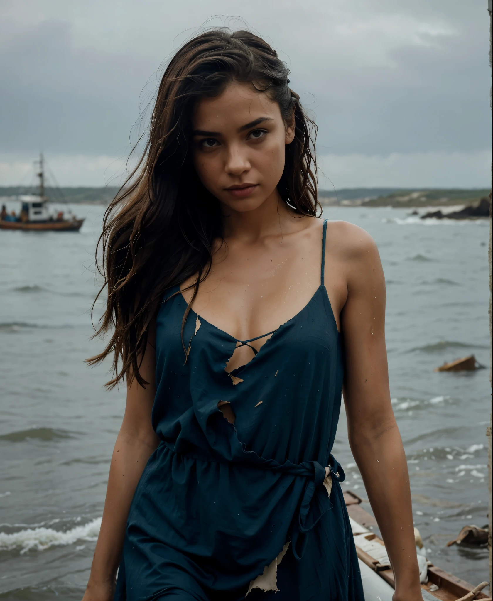 reference sheet: 1.8, great details, high quality, masterful work, a beautiful girl walks along the surface of the water at dusk, gloomy atmosphere, wet dress, gloomy background, River, stones, Dry trees, girl in a wet dress, barefoot, bare legs, got lost, girl in search, in a torn dress, torn clothes, torn fabric, pieces of cloth, came ashore after a shipwreck, shipwrecks float in the distance, wounds and abrasions on the body, walks and limps, in search of accommodation and food, a seriously wounded girl in scraps of dress and torn fabric, holds the wet hem of her dress with one hand, wounded body, seriously wounded girl can barely walk, boat from the side, ship wreck boat wreck
