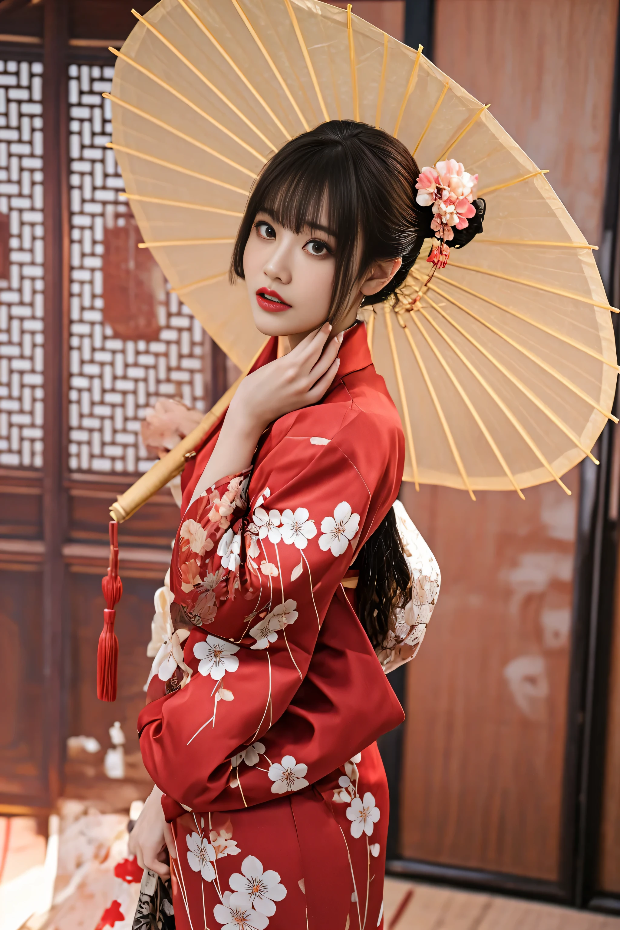 there is a woman in a kimono holding a yellow umbrella, red kimono, wearing a red cheongsam, japanese kimono, red kimono with flower patterns, wearing kimono, in kimono, with acient chinese clothes, japaneese style, chinese costume, traditional japanese, wearing a kimono, elegant japanese woman, japanese woman, kimono, geisha photo portrait, cheongsam