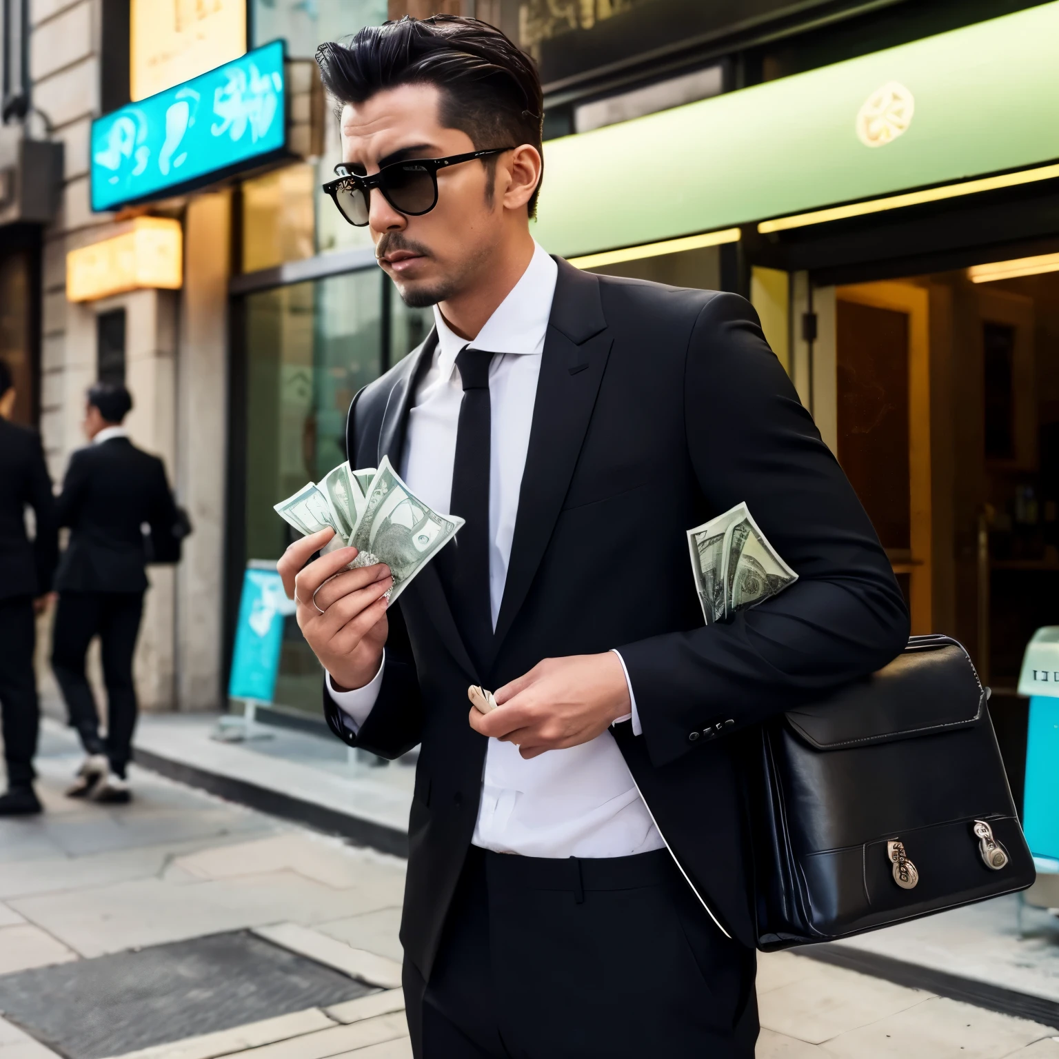 A rat wearing a black suit and sunglasses stands holding a suitcase of money while smoking a cigarette 