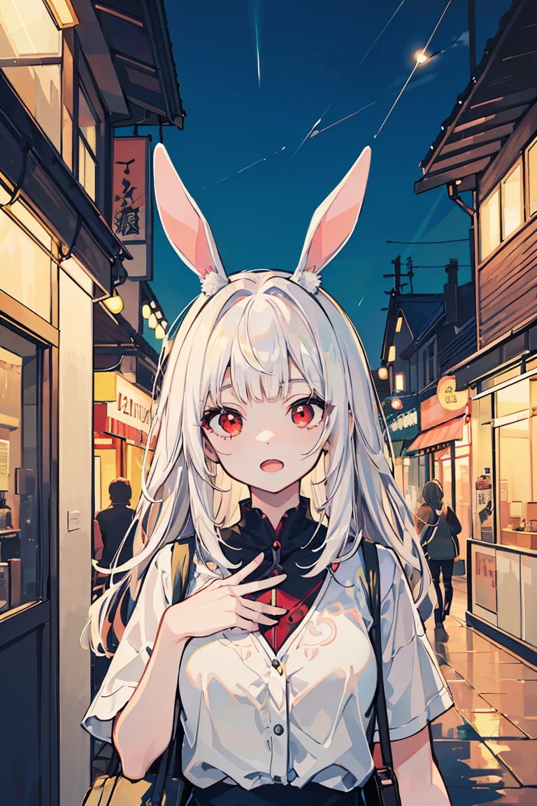 (1 girl), (Bunny ears),reflected lightで輝くhighest qualityの瞳, (Beastman),(super high quality), masterpiece, cute, casual scene, Relaxed atmosphere, She is wearing fashionable clothes, (surprise, Open Mouth), beautiful表情 , Warm sunshine, Street atmosphere, urban environment. Perfect body, Medium chest,Fresh, (Asymmetrical bangs:1.5), Braided hair, Highly detailed face and eyes, (Pure white hair, Deep gradation red eyes:1.2),(Shining highlight eye), Digital Art, beautiful, Cinema Lighting, By Yusuke Murata.tonality, Romanticism, modern art, Impressionism, reflected light, 8k, masterpiece, Advanced Details, highest quality, Only 5 fingers