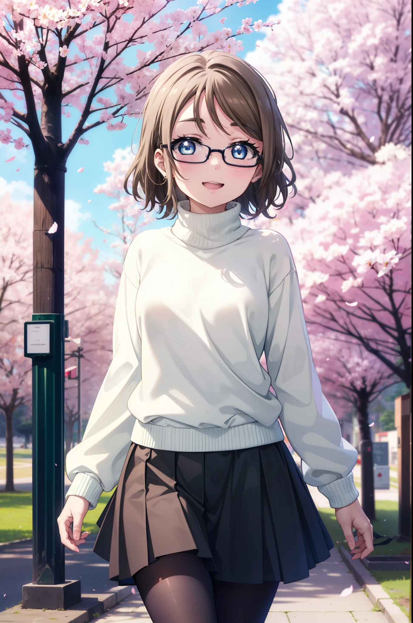 Yowatanabe, Watanabe Yo, short hair, blue eyes, brown hair, Black-rimmed glasses,hair band,Turtleneck sweater,Long skirt,Black pantyhose,short boots,Cherry blossoms are blooming,Cherry blossoms are scattered,Cherry blossom tree-lined path,happy smile, smile, Open your mouth,whole bodyがイラストに入るように,walking,
break outdoors, garden,
break looking at viewer, whole body,(Cowboy Shot:1.5),
break (masterpiece:1.2), highest quality, High resolution, unity 8k wallpaper, (figure:0.8), (Beautiful fine details:1.6), Highly detailed face, Perfect lighting, Highly detailed CG, (Perfect hands, Perfect Anatomy),