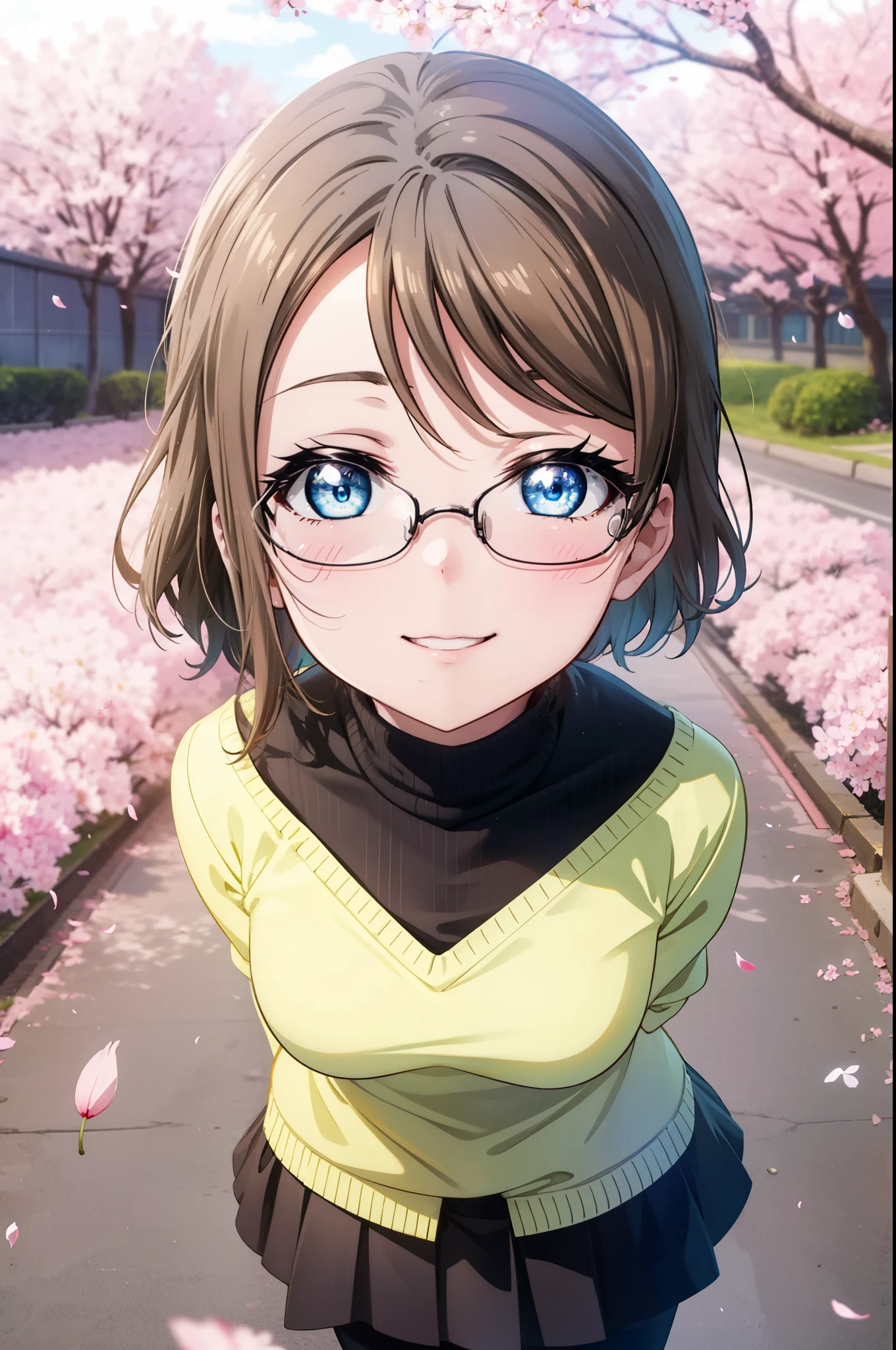 Yowatanabe, Watanabe Yo, short hair, blue eyes, brown hair, Black-rimmed glasses,hair band,Turtleneck sweater,Long skirt,Black pantyhose,short boots,Cherry blossoms are blooming,Cherry blossoms are scattered,Cherry blossom tree-lined path,happy smile, smile, Open your mouth,whole bodyがイラストに入るように,walking,
break outdoors, garden,
break looking at viewer, whole body,(Cowboy Shot:1.5),
break (masterpiece:1.2), highest quality, High resolution, unity 8k wallpaper, (figure:0.8), (Beautiful fine details:1.6), Highly detailed face, Perfect lighting, Highly detailed CG, (Perfect hands, Perfect Anatomy),