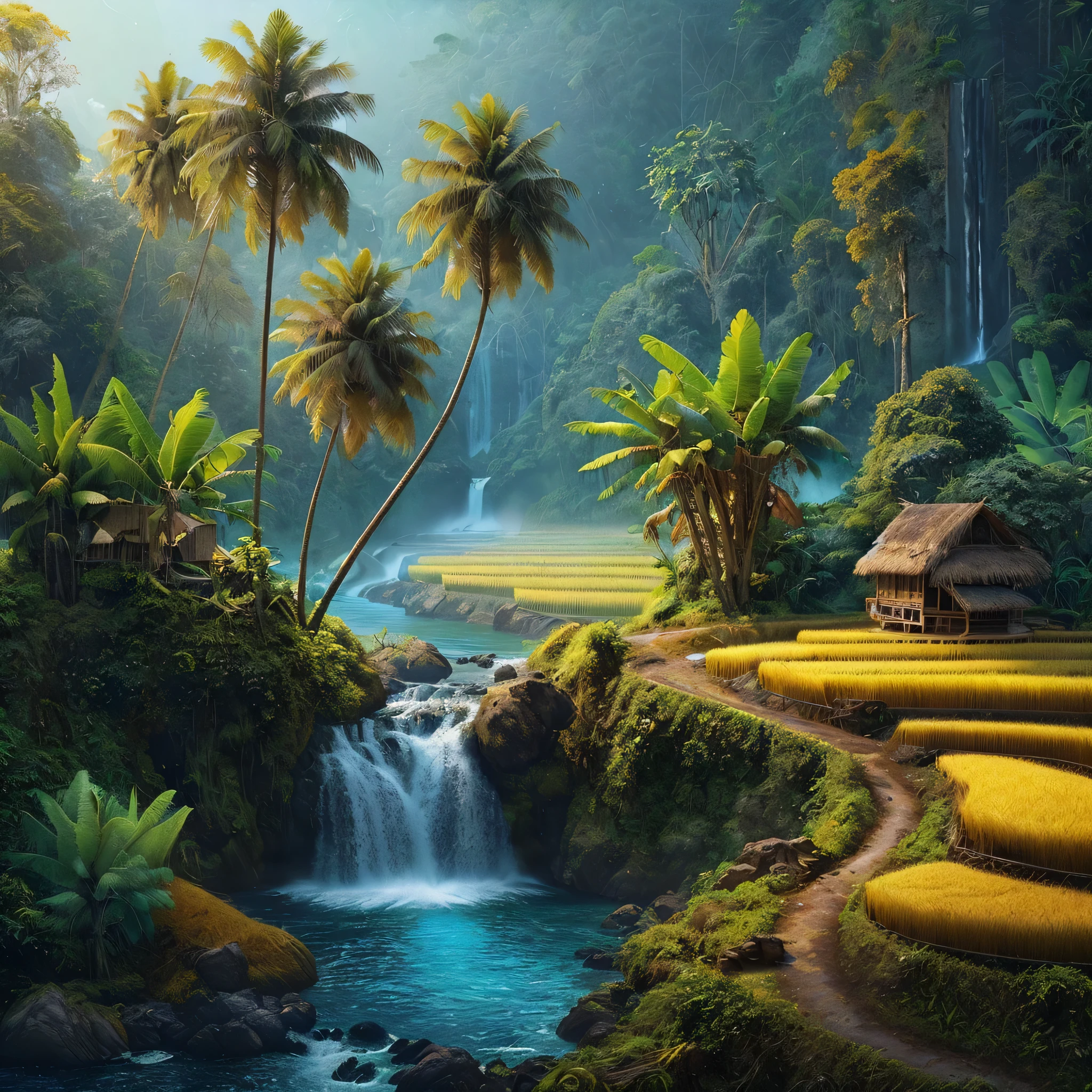 Create hyperrealistic images of beautiful and enchanting views, coconut trees on the river bank, banana trees with partially dry leaves, fern trees. a small waterfall flowing with clear blue water, surrounded by rocks and plants, dark forest, old huts in the middle of green and yellow rice fields, misty hills in the background and a highway with vehicles.