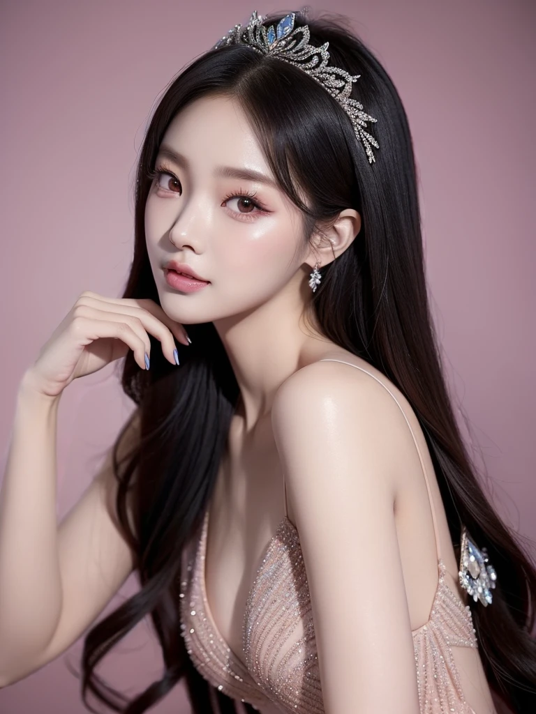 Araped woman wearing dress, best face, chassis, blackpink jennie, Yanjun Chengt, Popular Korean Makeup, Exciting and cute aesthetics, Jinyoung Shin, Popular Korean Makeup, Inspired by Hwangji, Small tiara, Beautiful Angel Girl, official artwork, really beautiful and cute girl, laugh, swarovski dress, sparkly dress, smile