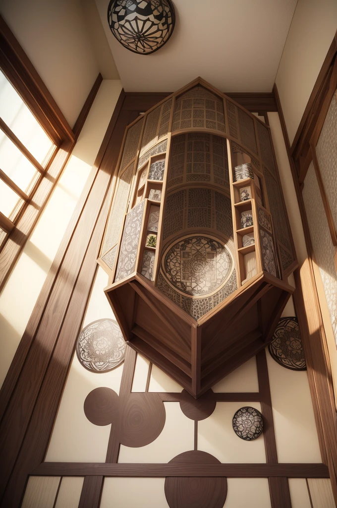 Trick Art、Escher、Bird's Eye View、Fisheye Lens、Japan風建築、Japan、Japanese style、The floor is latticed、The walls are also latticed.、The ceiling is also latticed