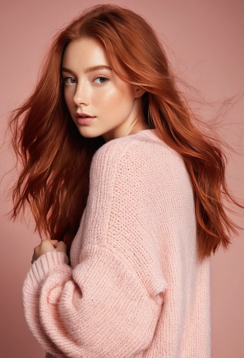 portrait photo of mina sundwall in a oversized light pink sweater, (long auburn hair), posing for a picture, ziprealism, for cosmopolitan, realistic skin texture, softcore, warm lighting, simple background, magazine cover style