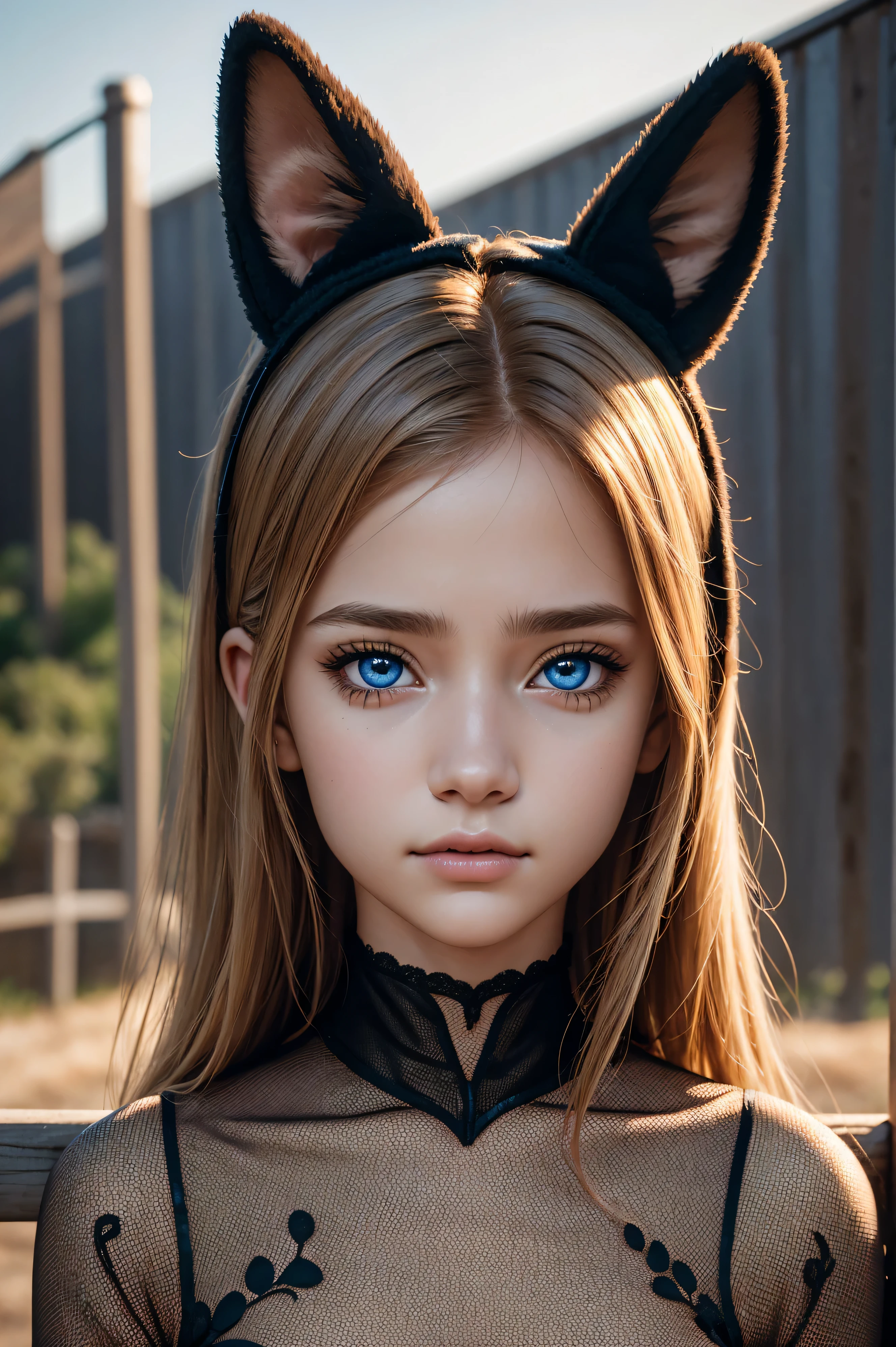 Brynn Cartelli, wearing dog costume transparent. professionally retouched, soft lighting, realistic, smooth face, perfect eyes, sharp focus on eyes, 8 k, high definition, insanely detailed, intricate, elegant. against the background of the fence.