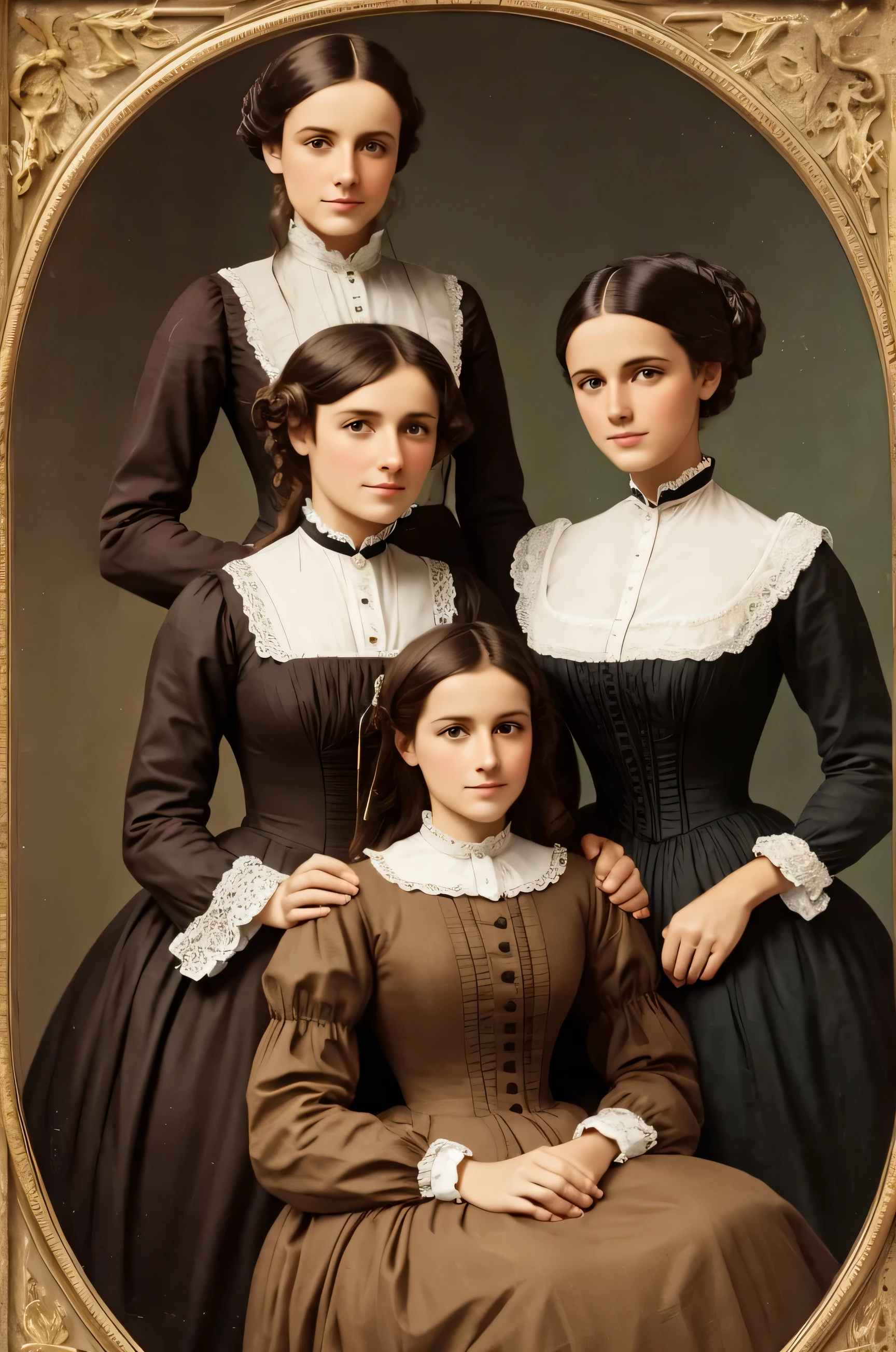 1880 ,Mother and her 2 daughters on magazine cover, bright colors, high resolution, Realistic picture,Victorian style, looking forward, love bond, trendy clothing, Charming smile, beauty of nature, professional lighting, Contemporary style, artistic elements,  Victorian beauty, professional lighting, Contemporary style, artistic elements