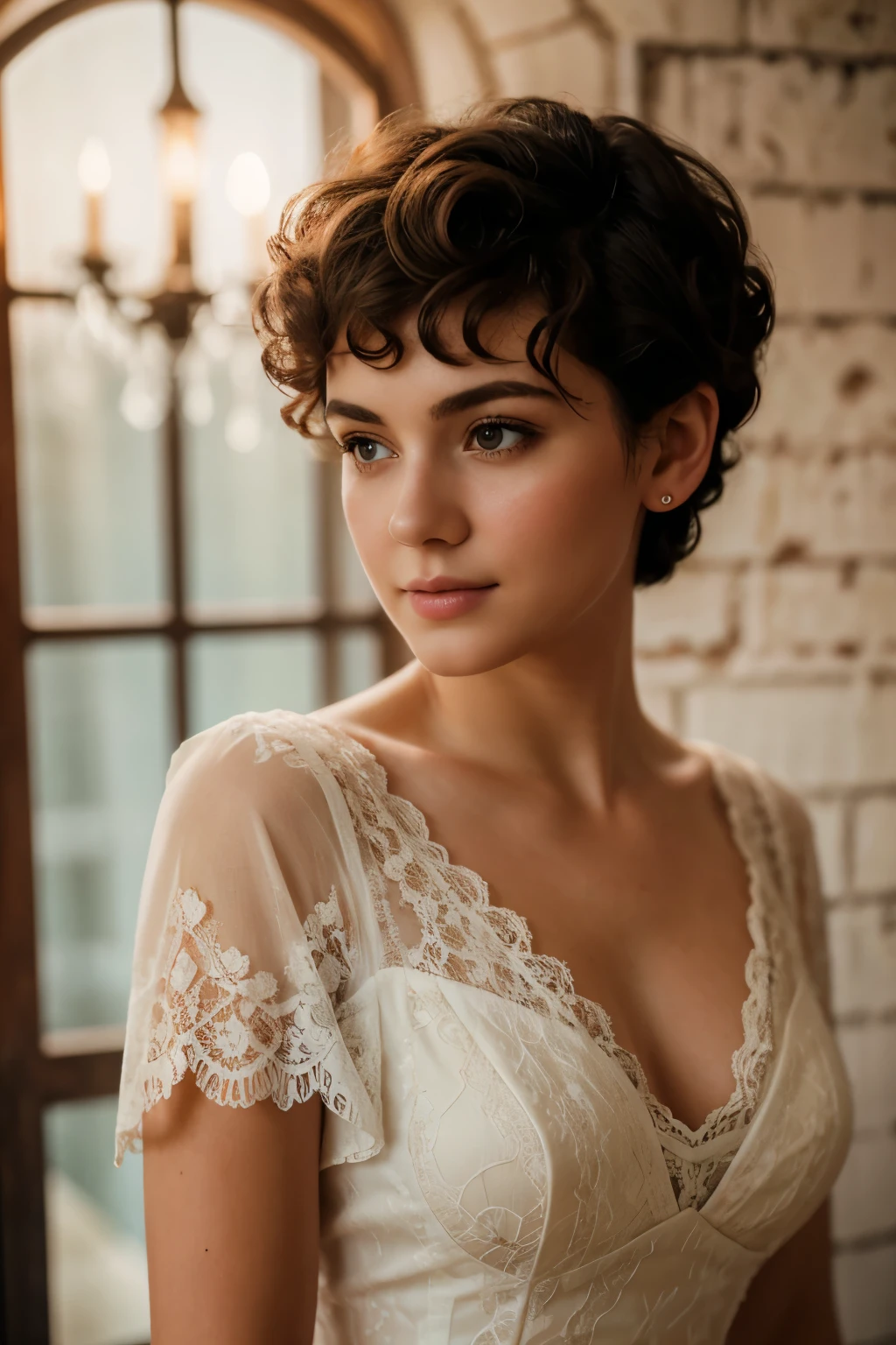 Beautiful woman with white short curly hair, extremely high quality RAW color photo with high detail, romantic mood, Canon EOS R5 effect, soft lighting, warm tones, depth of field effect, eye contact, girl wearing white lace vintage dress, against wall Victorian interior, detailed facial features, background lighting, bokeh, emotional depth, shine and radiance of the skin