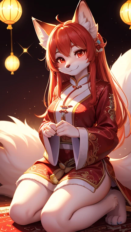 (best quality,4K,high resolution),Fluffy,White fur,Cute face,Red accents on fur,Chest,Beautiful Lights,Ambient Light,Extremely fine fur,Volumetric Lighting,fox,Chinese,Kneeling,Smile,Watching you,fox nose,paw,Paw pads,Sparkles on clothes,flame,woman。