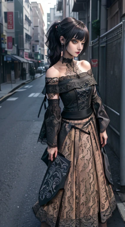 (full body Portraiture, full body shot,tall,Slender body, Dress Lift:1.6),(8k, highest quality: 1.2), Very detailed, thorough solution, (reality的な, reality的な photo: 1.37), Portraiture, High resolution RAW color photograph, arrested in the line of duty, High resolution and beautiful, High resolution, 8ก Image Wallpaper, Amazing details, Large file size, Very detailed美しい女の子, Very detailed face, (Very beautiful eyes:1.8), the nose has the correct shape., expressive lips,、(Key Light:Front 45 degree angle, Subsidy Light、Backlight、Shadow、Blue and orange color palette), Accurate human body、Knowledgeable person、Correct five-finger、RAW Photos、4K - ultra-vivid、highest quality, masterpiece, 超High resolution, (reality: 1.4),1 girl, Purple eyes, Very detailed肌,curve,(Covered nipples:0.8),Beautiful breasts,Small breasts,Pale skin,Pointed Chest,Erect nipples,(super thin hair),(Very soft hair),(ponytail),length, flowing bangs,Very light coppery amber hair,Hair above one eye,very thin body,Smart abs,(((Off-the-shoulder lace long skirt dress:1.5))), Cinema Lighting、purple and black hair、(Goth Makeup: 1.4)、(Earrings、Earrings),1 pair of GGX heels,City of night,Are standing