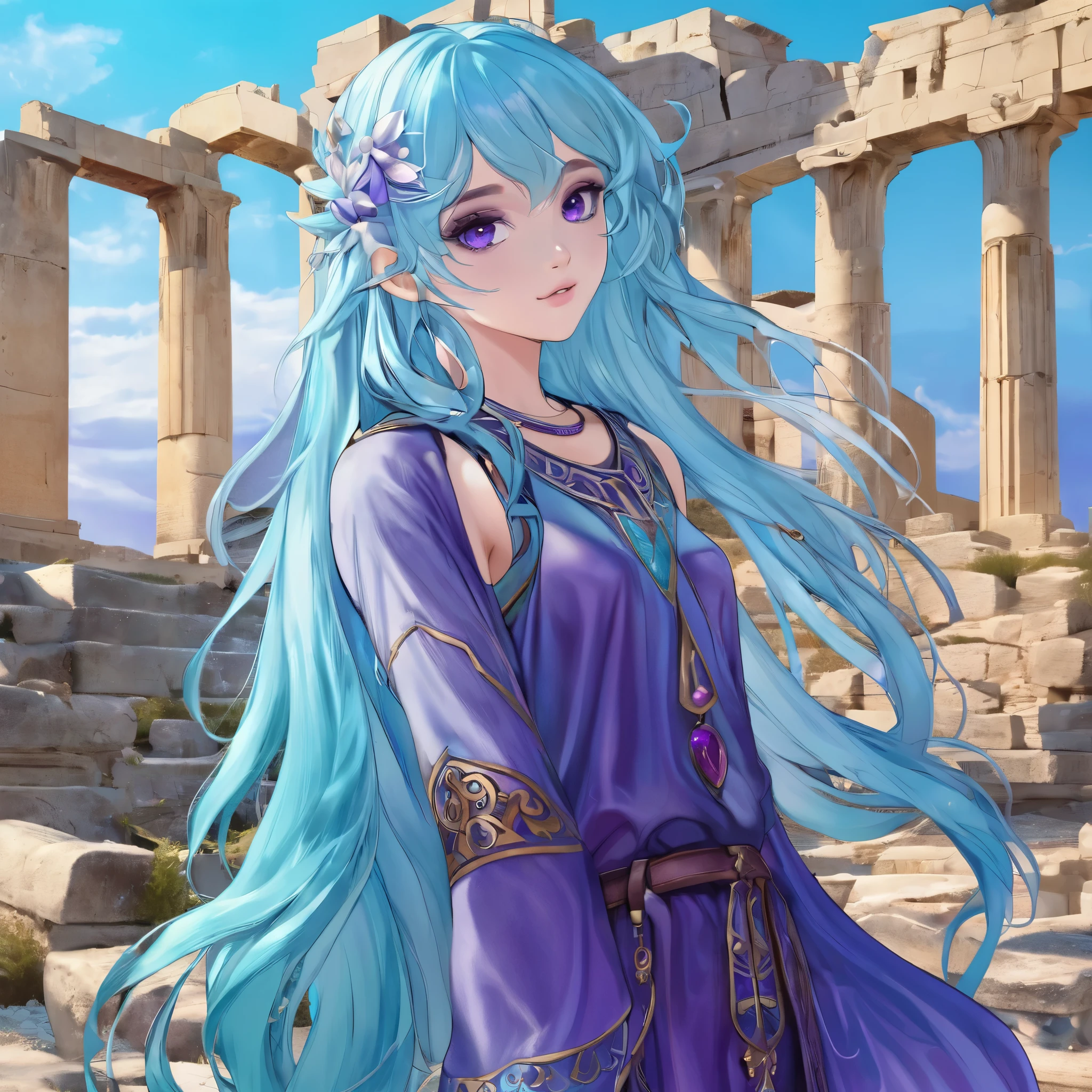 Masterpiece. High-resolution. 1girl about 20 years old. Pretty beautiful girl. Pretty big purple eyes. Delicate face. (((Long light blue hair))). Straight hair. Messy hair. Hair bangs. Turquoise tunic. Purple tide pants. Leather boots. Greek ruins background with cosmic Sky.