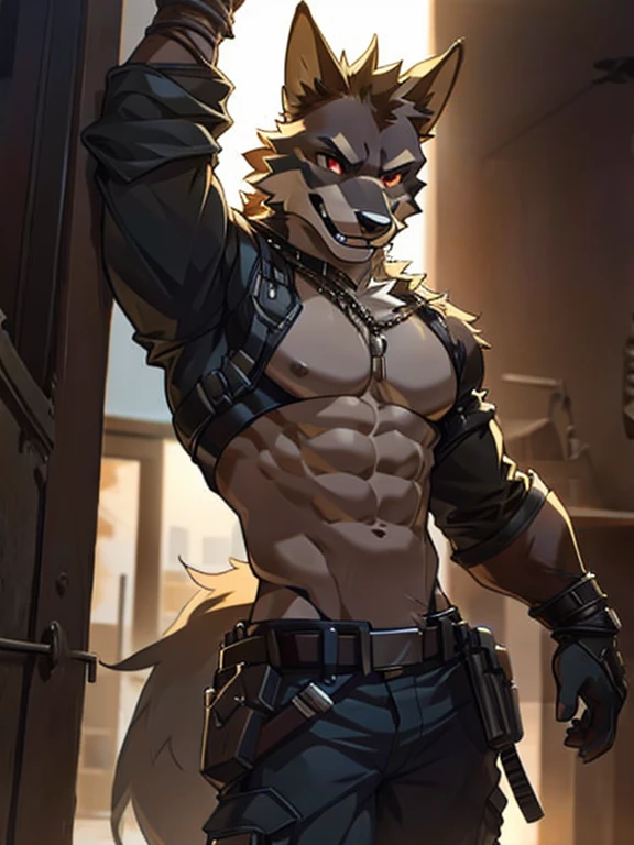 male, furry, wolf anthro, solo, brown fur, red eyes, (Realistic eye details 1.2), urbansamuraiwear, abs, Masterpiece, dramatic lighting, soft lighting, day, highly detail, Hair coiled, detail fur, perfect body, fallout, apocalyptic 