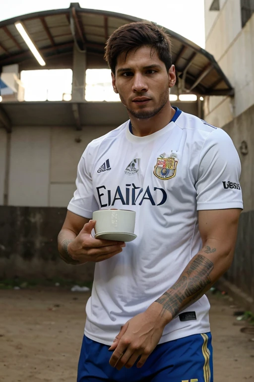 Jogador de futebol Leonel Messi, in a situation with a saucer in hands in a Cracolândia