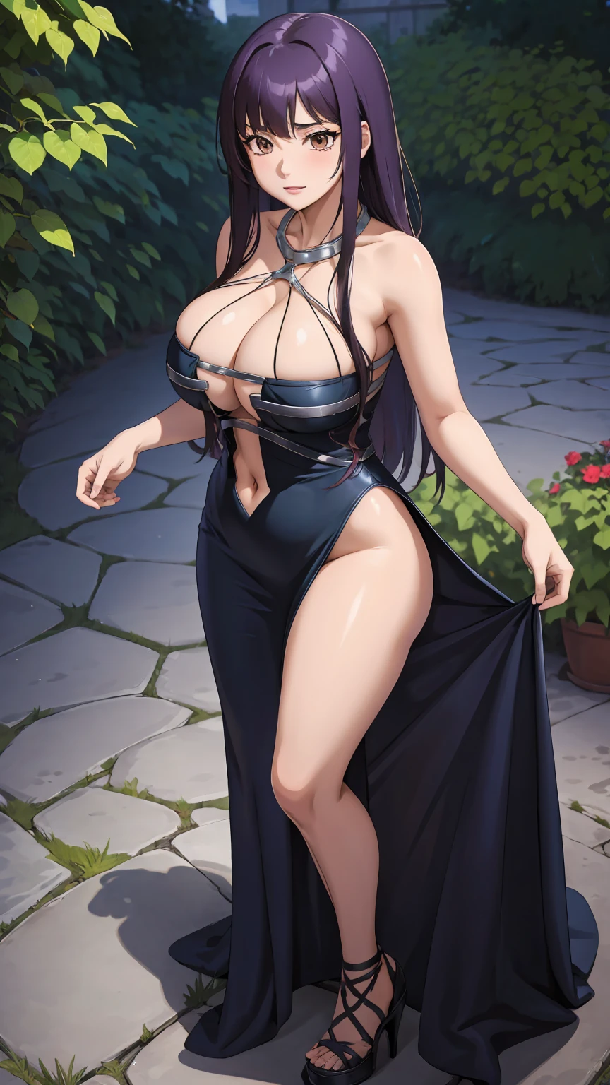masterpiece, ultra high-quality, extremely detail 8k cg, high resolution, 1girl, yuugao, solo, purple hair, long hair, sidelocks, brown eyes, perfect eyes, thin body, huge breasts, bursting breasts, evening gown, halterneck, criss-cross halter, high heels, choker, beautiful face, outdoors, garden, night time, full shot photo, full body