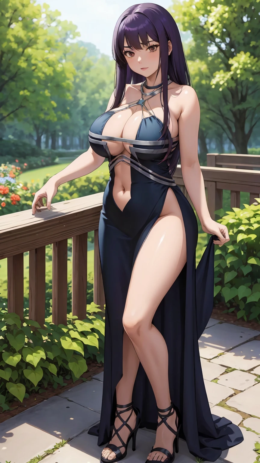 masterpiece, ultra high-quality, extremely detail 8k cg, high resolution, 1girl, yuugao, solo, purple hair, long hair, sidelocks, brown eyes, perfect eyes, thin body, huge breasts, bursting breasts, evening gown, halterneck, criss-cross halter, high heels, choker, beautiful face, outdoors, garden, night time, full shot photo, full body