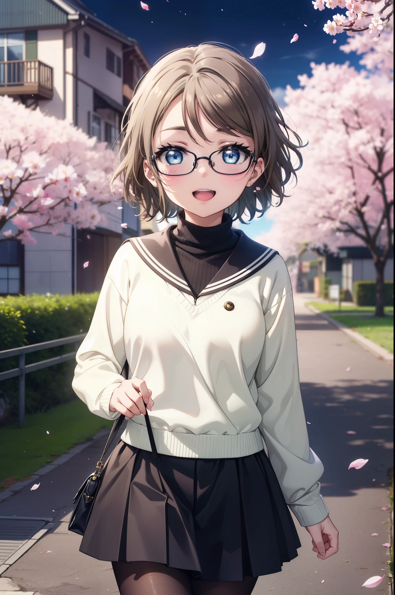 Yowatanabe, Watanabe Yo, short hair, blue eyes, brown hair, Black-rimmed glasses,hair band,Turtleneck sweater,Long skirt,Black pantyhose,short boots,Cherry blossoms are blooming,Cherry blossoms are scattered,Cherry blossom tree-lined path,happy smile, smile, Open your mouth,whole bodyがイラストに入るように,walking,
break outdoors, garden,
break looking at viewer, whole body,(Cowboy Shot:1.5),
break (masterpiece:1.2), highest quality, High resolution, unity 8k wallpaper, (figure:0.8), (Beautiful fine details:1.6), Highly detailed face, Perfect lighting, Highly detailed CG, (Perfect hands, Perfect Anatomy),