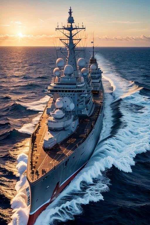 The ship's huge phased array radar shines in the sun.(best quality,4k,8k,highres,masterpiece:1.2),ultra-detailed,(realistic,photorealistic,photo-realistic:1.37),the majestic USS Burke-class Aegis cruiser riding the waves,ship's bow crashing through enormous swells,navigating on the blue ocean,sparkling under the sun,huge American flag waving proudly on the mast,stern-faced sailors focused on their duties,fierce stability of the warship,unsurpassable strength and power,faint spray of seawater,professional maritime equipment,top-of-the-line radar and communication systems,stark contrast of the steel ship against the endless horizon,imposing silhouette against the sky,command center buzzing with activity,feeling the pulse of the ocean through the vessel's hull,majestic presence showcasing America's naval might,colorful signal flags fluttering in the salty breeze,stern and capable sailors,unwavering determination,piercing gaze of watchmen scanning the surroundings,well-organized deck with neatly lined up equipment,meticulously maintained weaponry,all-encompassing safety measures throughout the ship,intense focus on seamless teamwork,artistically depicted naval warfare,recreating the ship's magnificence and grandeur in stunning detail,studio lighting accentuating every contour and angle,meticulously painted waves crashing against the hull,subtle reflections of sunlight dancing on the water's surface,vivid colors enhancing the overall composition,creating a captivating and immersive experience,seizing every moment in time,leaving a lasting impression on all who behold it.