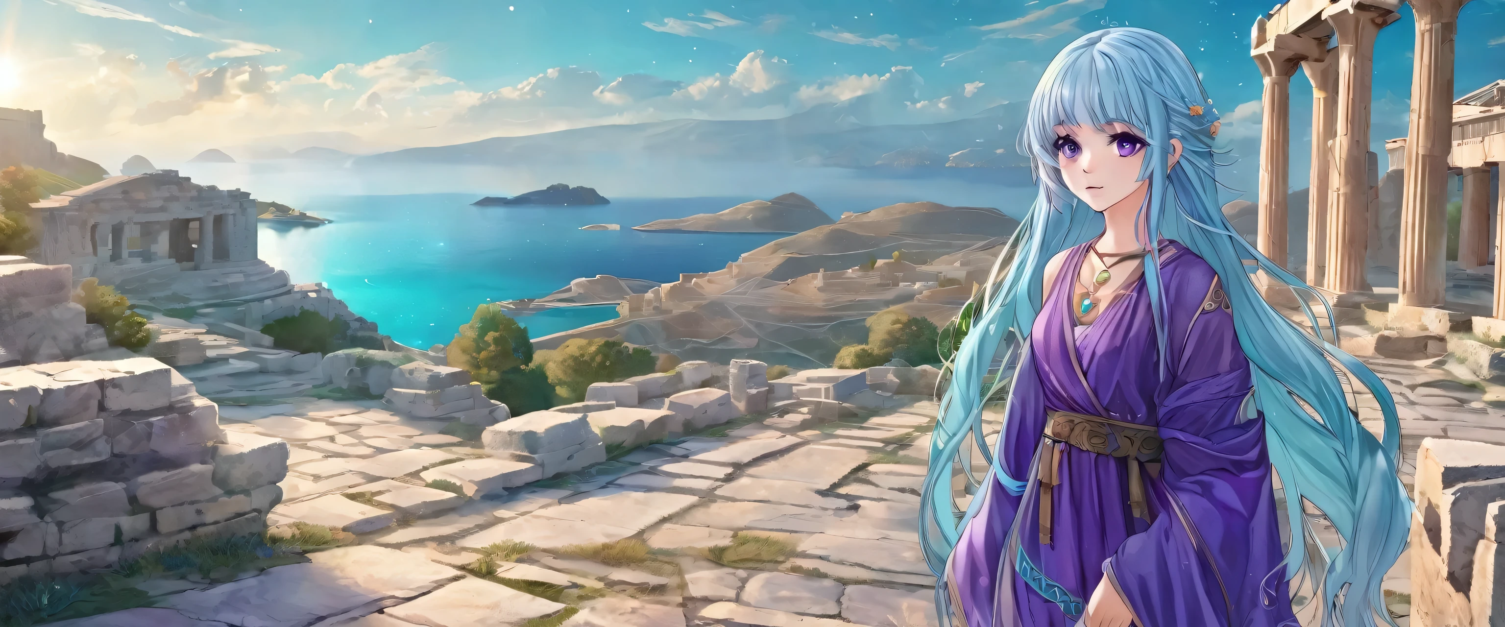 Masterpiece. High-resolution. 1girl about 20 years old. Pretty beautiful girl. Pretty big purple eyes. Delicate face. (((Long light blue hair))). Straight hair. Messy hair. Hair bangs. Turquoise tunic. Purple tide pants. Leather boots. Greek ruins background with cosmic Sky.
