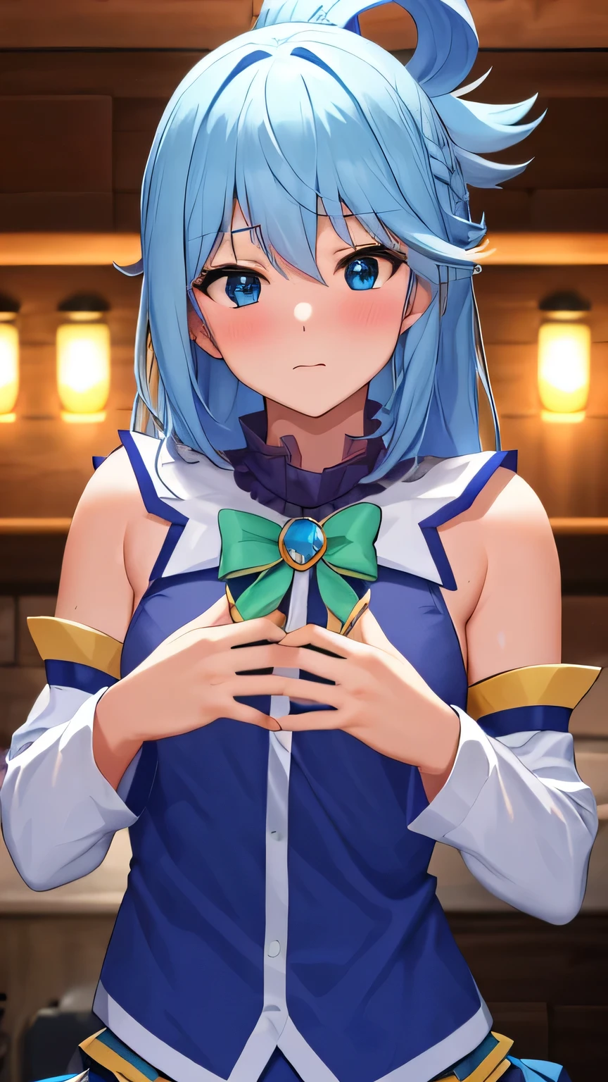masterpiece, highest quality, Very detailed, Spectacular lighting, cinematic c○mp○siti○n, japanese cart○○n m○vies c○l○ring, 2D, japanese cart○○n m○vies, 1 w○man, s○l○, Blue Hair, l○ng hair, blue eyes, Medium Chest, hair ○rnament, Headling, (Blue Shirt:1.1), green b○w, The sleeves are separated, bare sh○ulders, Blue Skirt, l○○king at viewer, :○, blush, cr○ssed arms, fr○m bel○w, Shoulder strap (8 th○usand:1.1)