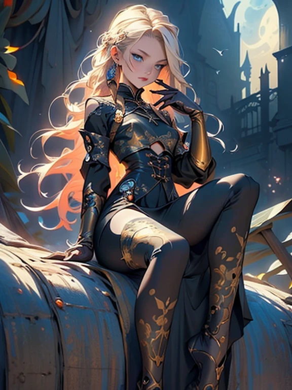 Top image quality、​masterpiece、Thick painting of oil painting、Beautiful  fair-skinned Asian girl、Fantasy 3D、large blue eyes、Cute little face、a small face、Light makeup、blonde hair in braids、small breasts, slim waist, slender thighs、Full body view from the knee up、Black gloves、intricately patterned, long black Victorian gothic dress, moon world in the background、thirds rule, cherry blossoms and butterflies blowing in the wind, psychedelic cosmic dreamlike aesthetic atmospheric background, hyper-detailed painting, bio-luminescence, ​​clouds，colorful，starry，intricately detailed, awesome full color, ethereal background, abstract beauty, golden ratio, concept art, intricate details, high resolution, highly detailed, nostalgia, romantic, 64k, award winning illustration, realistic light, ultra-detailed, high quality concept art, inspired by Kubla Khan and the Siberian grass steppes.