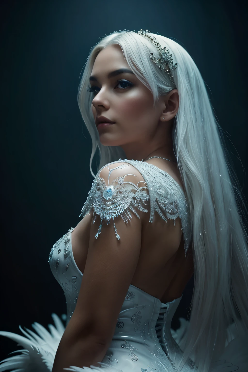 A mesmerizingly complex swan girl with long white hair, every feature meticulously rendered with vibrant colors and surreal details: shimmering feathers, iridescent patterns swirling across her skin, and eyes that appear to contain snowflakes. This breathtaking masterpiece of surrealism is a painting that exudes a sense of otherworldly beauty, icy freshness and meticulous attention to detail, captivating viewers with its high quality craftsmanship and dreamlike appeal. Gothic, neo-noir, foggy atmosphere, super detail, photorealism, hyperrealism, minimalism, art photography, Super quality