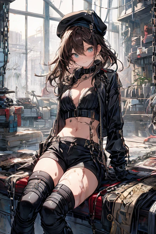 (higher resolution, distinct_image) The best quality, a woman, masterpiece, highly detailed, semi realistic, 26 years old, beautiful, young, handsome, interlaced white blue dress, small gem necklace on neck, exterior, cafe seat, window, sitting, afternoon, blush, smiling,ubel,dark green hair,long hair,side ponytail,hair between eyes,bangs, BREAK (beret, black jacket, open clothes, cleavage, midriff, black shorts, black thighhighs, thigh strap, fingerless gloves, single glove:1.2), Photo,sharpness, F1.6 lens,hyper-realistic textures,spectacular light textures, Cinestil 800 Fashion Mechanics,(((Beautiful woman with left leg restrained and hung by chains))),Appearance,Beautiful girl with accentuated slender abs: 1.1,six-pack abs: 1.1, Bust Botox,Standing on tiptoe, long legs,Long brown hair fluttering in the wind,Brown hair, Long hair, Female Warrior Costume,(No panties,No bra),(tacticul battle fashion,elbow and knee cyberpad, cyberglove: 1.1),((beautiful costume)),The belly comes out and the navel is visible,Thin sheer costume, combat gloves,shredded costumes,cyber long combat boots with golden knee pads,Anatomical,(futuristic sci-fi battle fashion, new elbow and knee cyberpads, new cyberlong boots, new cybergloves: 1.1),((straddling the gundom shields and battle rifel)),(tied perfectly by iron chain), Restraint, Slave, collars, contempt, (Chained), 4 chains hung from heaven, Metallic shackles and fetters, wet crotch clearly visible,((Hands are restrained above the head)), the neck is chained,Chain from left knee to heaven,Chained by rusty iron chains,((the tip is protruding, areolas protruding,The shape of the pubic area is clearly visible)),Sweating,Wet,Wet crotch,Wet thighs,bloods,Junkyard, Realistic, (cute, perfect clothes, skimpy clothes, cute: 1.3) ,Vast prison,((wide hospital with sunlight)), peeling ceilings, Rebar between, Realistic material details, Extreme details, Ultra-realistic materials,narrow waist,(with sparkling eyes and a contagious smile),looking