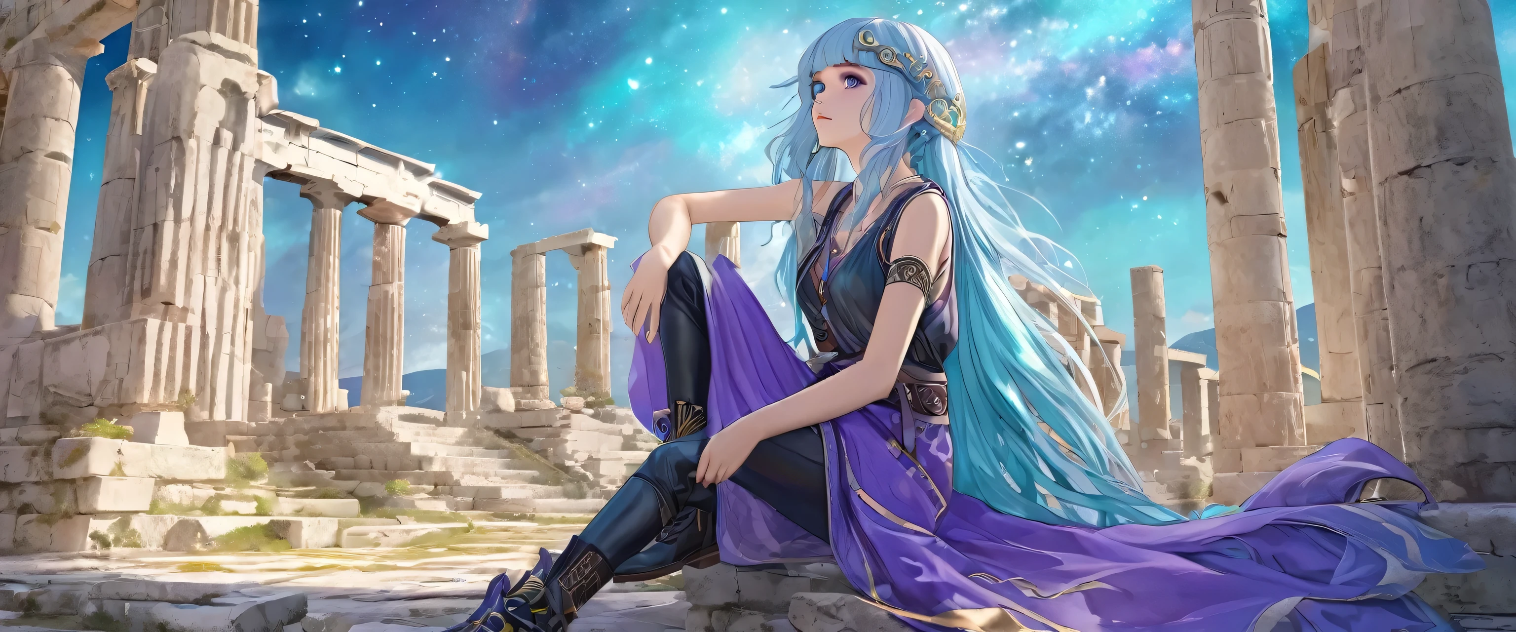 Masterpiece. High-resolution. 1girl about 20 years old. Pretty beautiful girl. Pretty big purple eyes. Delicate face. (((Long light blue hair))). Straight hair. Messy hair. Hair bangs. Turquoise tunic. Purple tide pants. Leather boots. Greek ruins background with cosmic Sky.