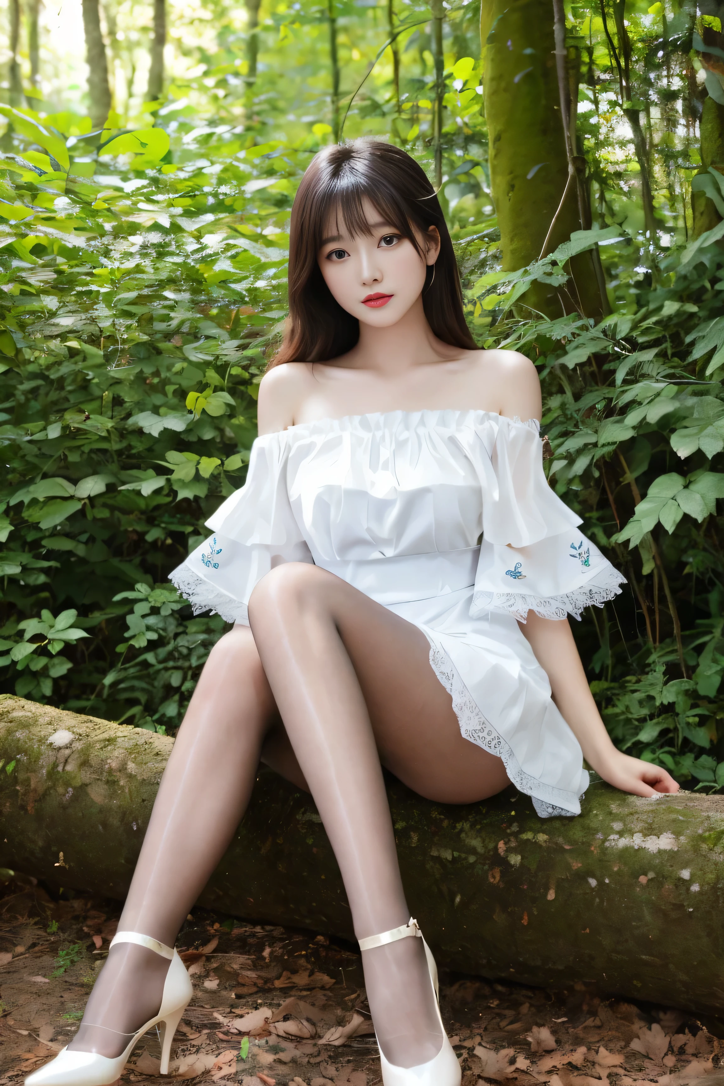 ((masterpiece))、highest quality、8K images、((Viewer&#39;s perspective))、One girl、Dark brown medium hair、bangs、Fair skin like porcelain、8 heads、A beautiful woman in her 20s with a slender figure、Calm expression、Beautiful feet, (Transparent and shiny light grey pantyhose),(Precise drawings that will satisfy pantyhose fetishists),intelligent face、Intelligent Eye、Attractive big eyes、like々Shii、Energetic、Dark Eyes、Natural light hitting your face in the woods、Elegant embroidered white off-the-shoulder mini dress、White high heels、Viewer&#39;s perspective、Draw the whole body within the frame
