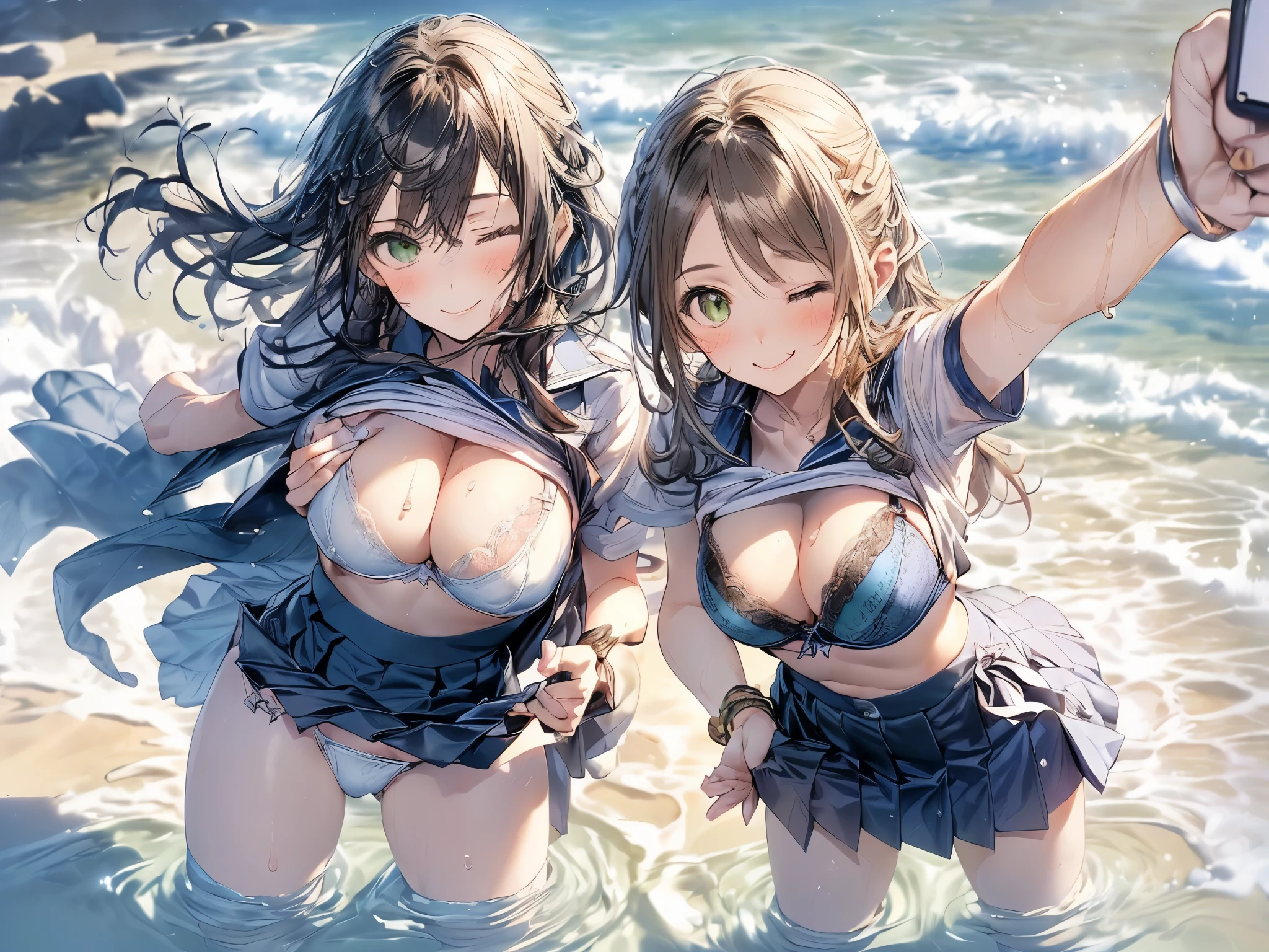 nswf:1.3,((masterpiece, highest quality, High resolution, 超High resolution, Pixel Perfect, Written boundary depth, 4k, RTX, human development report))), , beauty、View the whole body、((((looking up at viewer)))), (masterpiece: 1.2, highest quality, masterpiece, Clearer images), (Bright colors), ((Take clear photos even from a distance)), (Multiple Girls), (Harem), (School classmates), (((All school uniforms have the same design))), (((Everyone is wearing the same navy blue skirt))), (((Everyone is wearing a swimsuit of a different color and design.))),(()), ((prostitution beach in Okinawa), (smile)、((youth)),(((Flirting))),(cute Japanese((6 girls))), (((infant'Face))), ((Grot)), (((Group selfie))), ((ass visible through thighs))、W-angle, Soft Light、(((Blazer uniform, Checkered pleated skirt,White Shirt)))、(Slightly larger breasts), ((prostitution)), ((vieve it)), Lanow panty:1.6)))、((breast grab:1.3)),(((bra lift:1.2)))、een Eyes, Beautyelashes, Realistic eyes)), ((Detailed face, blush:1.2)), ((Smooth texture:0.75, Vibrant质感:0.65, Vibrant:1.1, Anime CG Style)), Medium breast, Perfect body, Beautiful curves、beautiful legs、thin、smilAttractive way to stand))),((Model pose)), Aerith Gainsborough, Hair Ribbon, bracelet, brown hair, Side Lock, Parted bangs, Green Eyes, Braid, ((()Award-winning design underwear))、(((Everyone wears different colors and designs of underwear.))),((((open legs:1.4)))、((breast grab:1.3)),(((bra lift:1.2)))、((((Skirt lift panty)))),Detailection of the crotch、(water droplStand with your feett), ((((Are standing)))), (Her legs were spread), (Made to stith legs apart..) ,((Attractive way to stand)),(((Uplifting)))、(water droplets:1.2)、(Rising Wind:1.5),please stand facing me、 thin脚, ((one eye closed))、((((selfie))))、((Hair fluttering in the wind)),((Hold your hair in your hands)),((arm behind head)),(((leaning forward)))、((((Flirting)))),Inner thighs