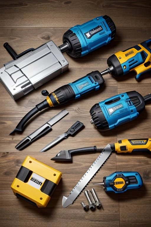 The image shows a collection of power tools and equipment arranged on a wooden surface. A blue cordless drill with a black handle and silver blades is positioned on the left side, with a yellow measuring tape lying next to it. On the right side, a black and silver circular saw with a black handle and silver blades is placed, and a pair of orange safety gloves is also present
