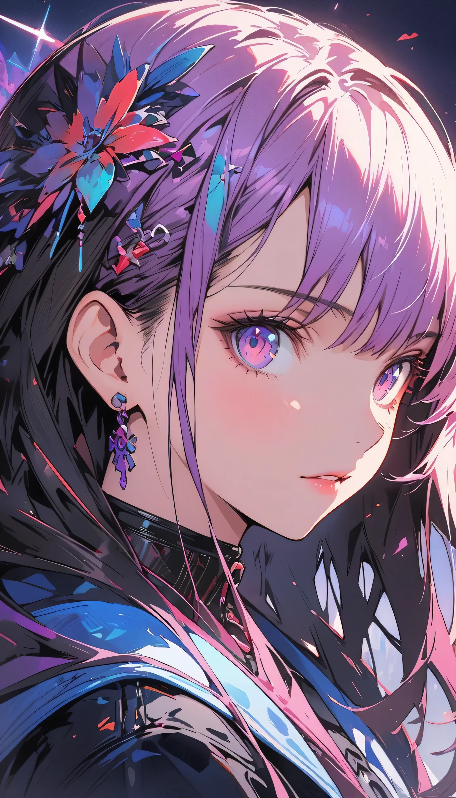 (highest quality、masterpiece、High resolution、detailed)anime style、flat style、(Shining Eyes、Beautiful Face), BREAK,1 girl、Close-up of woman in black and blue dress, Highly detailed digital art in 4K, Detailed 4K digital art, Digital Art 4k, Amazing digital illustrations, Beautiful SF Girl Portrait, SF Women's Portraits, Digital Art 4k, Portrait of a cyberpunk girl, Beautiful cyberpunk girl face, Epic portrait illustration 、Dynamic Angles、anime