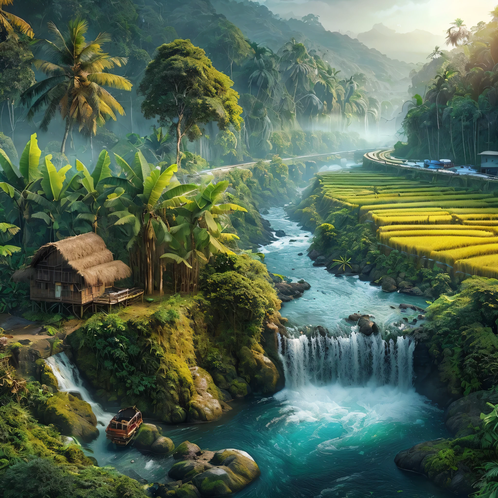 Create hyperrealistic images of beautiful and enchanting views, coconut trees on the river bank, banana trees with partially dry leaves, fern trees. a small waterfall flowing with clear blue water, surrounded by rocks and plants, dark forest, old huts in the middle of green and yellow rice fields, misty hills in the background and a highway with vehicles.