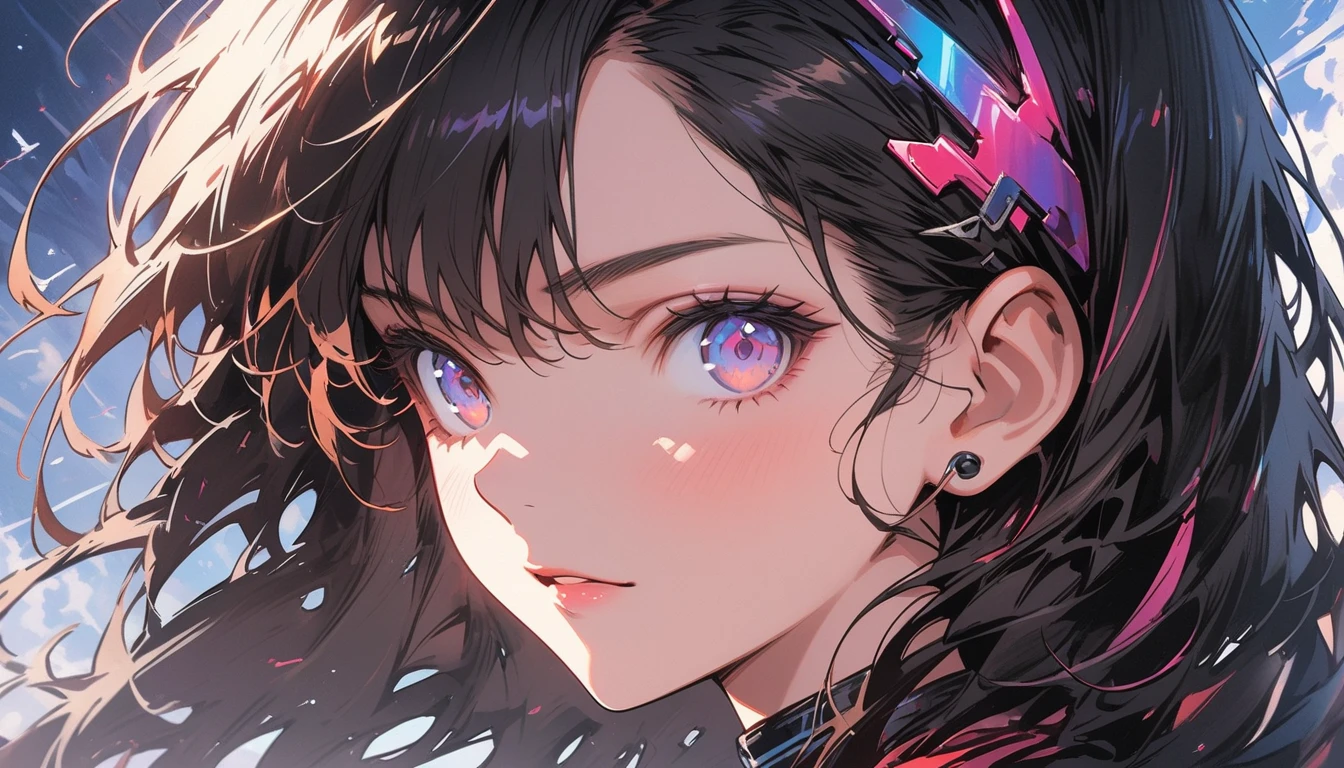 (highest quality、masterpiece、High resolution、detailed)animeスタイル、flat style、(Shining Eyes、detailed美しい顔), BREAK,1 girl、Close-up of woman in black and blue dress, Highly detailed digital art in 4K, 4K のdetailedなデジタルアート, Digital Art 4k, Amazing digital illustrations, Beautiful SF Girl Portrait, SF Women's Portraits, Digital Art 4k, Portrait of a cyberpunk girl, Beautiful cyberpunk girl face, Epic portrait illustration 、Dynamic Angles、anime