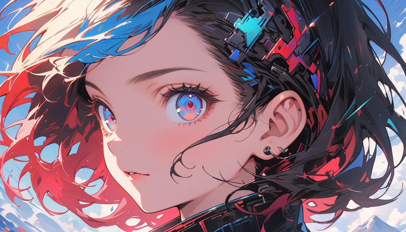 (highest quality、masterpiece、High resolution、detailed)animeスタイル、flat style、(Shining Eyes、detailed美しい顔), BREAK,1 girl、Close-up of woman in black and blue dress, Highly detailed digital art in 4K, 4K のdetailedなデジタルアート, Digital Art 4k, Amazing digital illustrations, Beautiful SF Girl Portrait, SF Women's Portraits, Digital Art 4k, Portrait of a cyberpunk girl, Beautiful cyberpunk girl face, Epic portrait illustration 、Dynamic Angles、anime