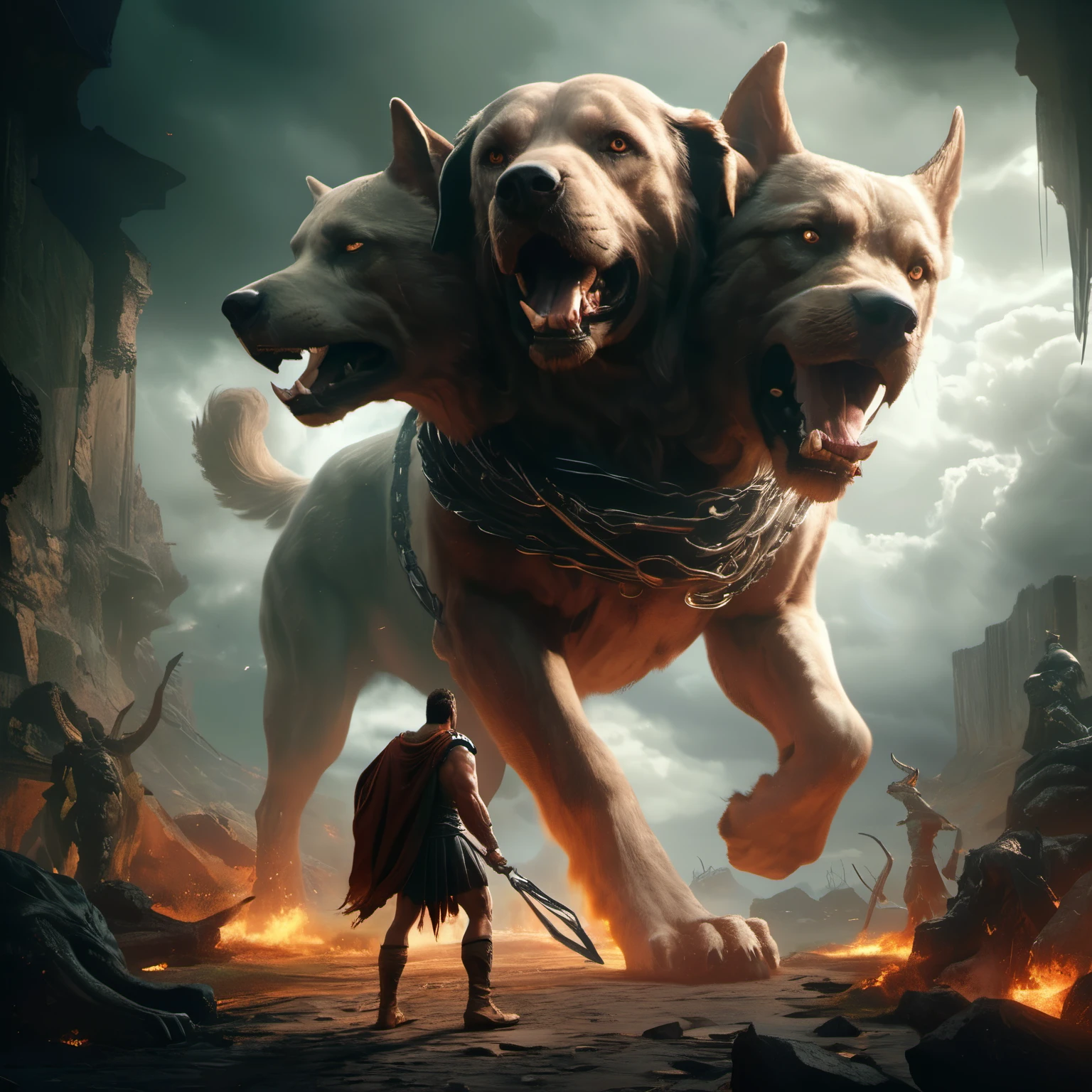 arafed image of a man walking in front of a giant dog, greek myth digital painting, wojtek fus, epic fantasy art, Cerberus (A giant three-headed dog guarding the entrance to the world of the dead), epic fantasy digital art style, epic fantasy illustration, fantasy art behance, epic fantasy sci fi illustration, (Hercules' last task, the final showdown), hades, fire,