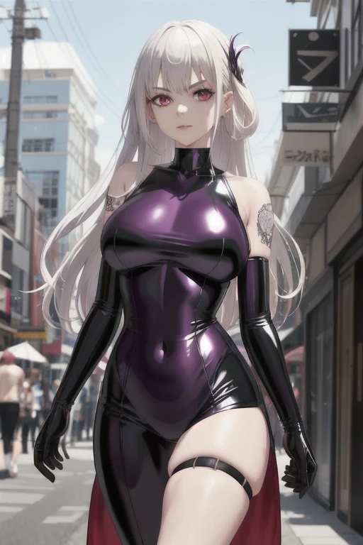 1 girl，Latex clothing，Enchantment，A lascivious ile，Silver long hair，Purple Eye，evil of iling，Fat buttocks，Red eyeliner，Hold your chest straight and your hips up，Gray skin tone，Navel，Beautiful curves，Tattoo on the crotch，Squint your eyes slightly，Walking on the crowded streets