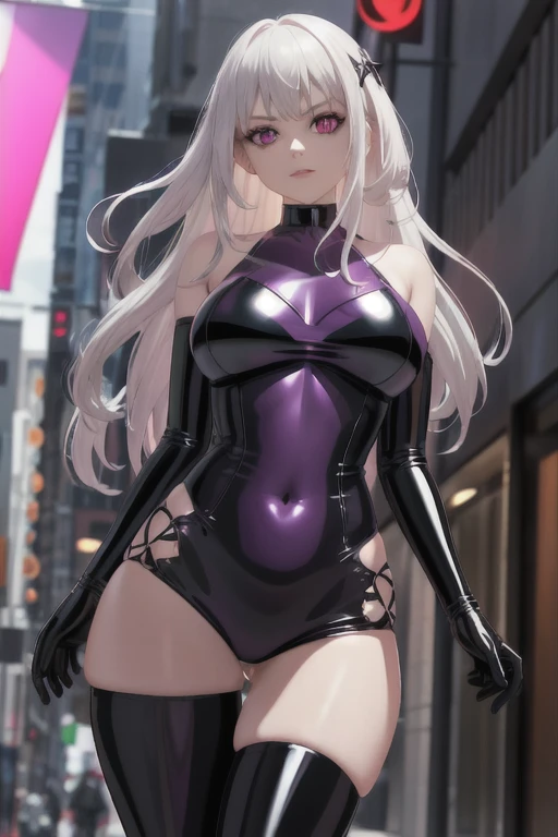 1 girl,Latex clothing,Enchantment,A lascivious ile,Silver long hair,Purple Eye,evil of iling,Fat buttocks,Red eyeliner,Hold your chest straight and your hips up,Gray skin tone,Navel,Beautiful curves,Tattoo on the crotch,Squint your eyes slightly,Walking on the crowded streets