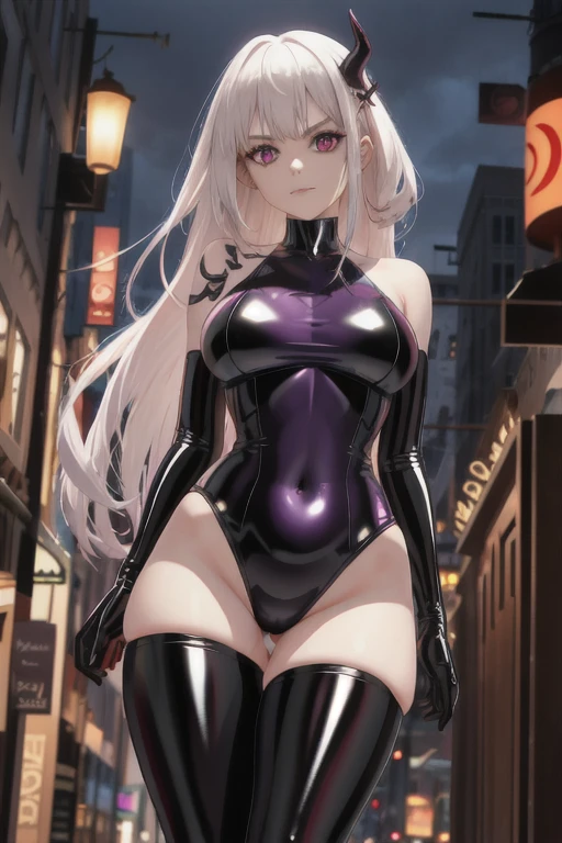 1 girl,Latex clothing,Enchantment,A lascivious ile,Silver long hair,Purple Eye,evil of iling,Fat buttocks,Red eyeliner,Hold your chest straight and your hips up,Gray skin tone,Navel,Beautiful curves,Tattoo on the crotch,Squint your eyes slightly,Walking on the crowded streets