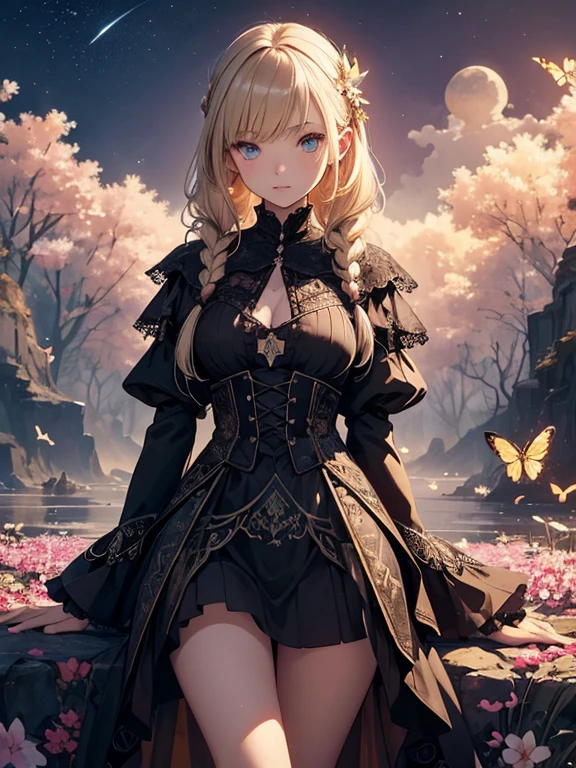 Top image quality、​masterpiece、Thick painting of oil painting、Beautiful  fair-skinned Asian girl、Fantasy 3D、large blue eyes、Cute little face、a small face、Light makeup、blonde hair in braids、small breasts, slim waist, slender thighs、Full body view from the knee up、Black gloves、intricately patterned, long black Victorian gothic dress, moon world in the background、thirds rule, cherry blossoms and butterflies blowing in the wind, psychedelic cosmic dreamlike aesthetic atmospheric background, hyper-detailed painting, bio-luminescence, ​​clouds，colorful，starry，intricately detailed, awesome full color, ethereal background, abstract beauty, golden ratio, concept art, intricate details, high resolution, highly detailed, nostalgia, romantic, 64k, award winning illustration, realistic light, ultra-detailed, high quality concept art, inspired by Kubla Khan and the Siberian grass steppes.