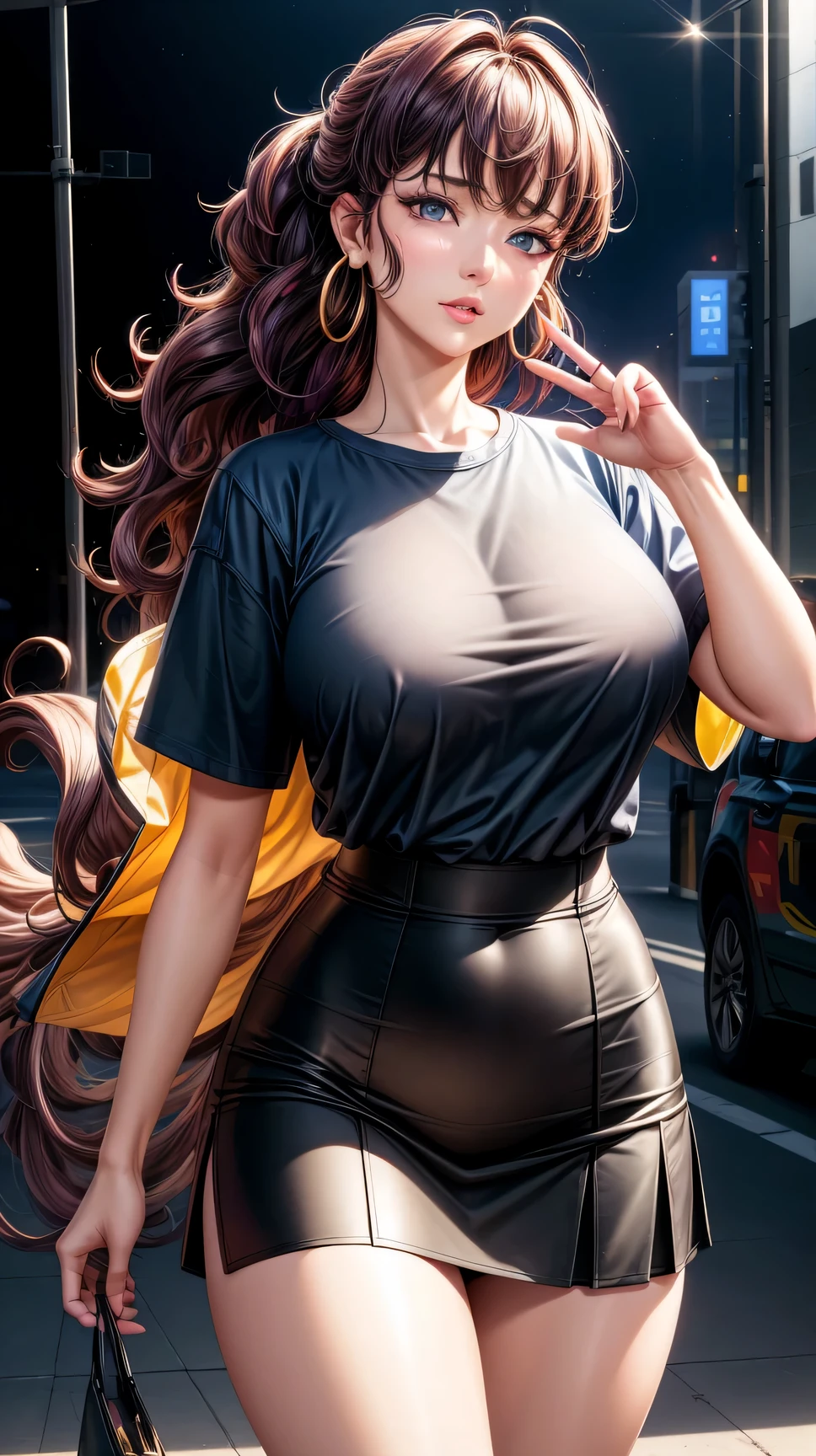 (best quality:1.5, highres, UHD, 4Kj, detailed lighting, shaders), multicolored curly haired, gradient hair, large breasts, suit, gray shirt, black T-shirt, social shirt, short skirt, mature woman , (pov), white background, colorful eyeshadow, dramatic lighting, sparkling eyes, sensual expression, golden earrings, flowing hair, delicate facial features, yellow skin, high cheekbones, urban setting, white background, dont look for the camera,  behind  the camera